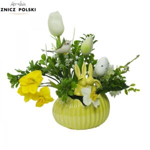 Kompozycja wielkanocna w stylu glamour w pastelowo żółtej skorupce ceramicznej