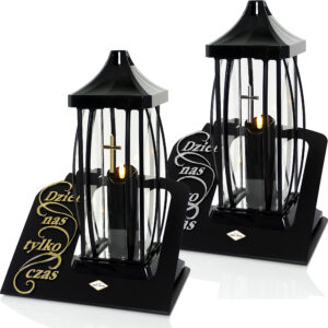 Duży wyjątkowy znicz z elegancką podstawą i napisem "Dzieli nas tylko czas" czarny