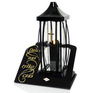 Duży wyjątkowy znicz z elegancką podstawą i napisem "Dzieli nas tylko czas" czarny