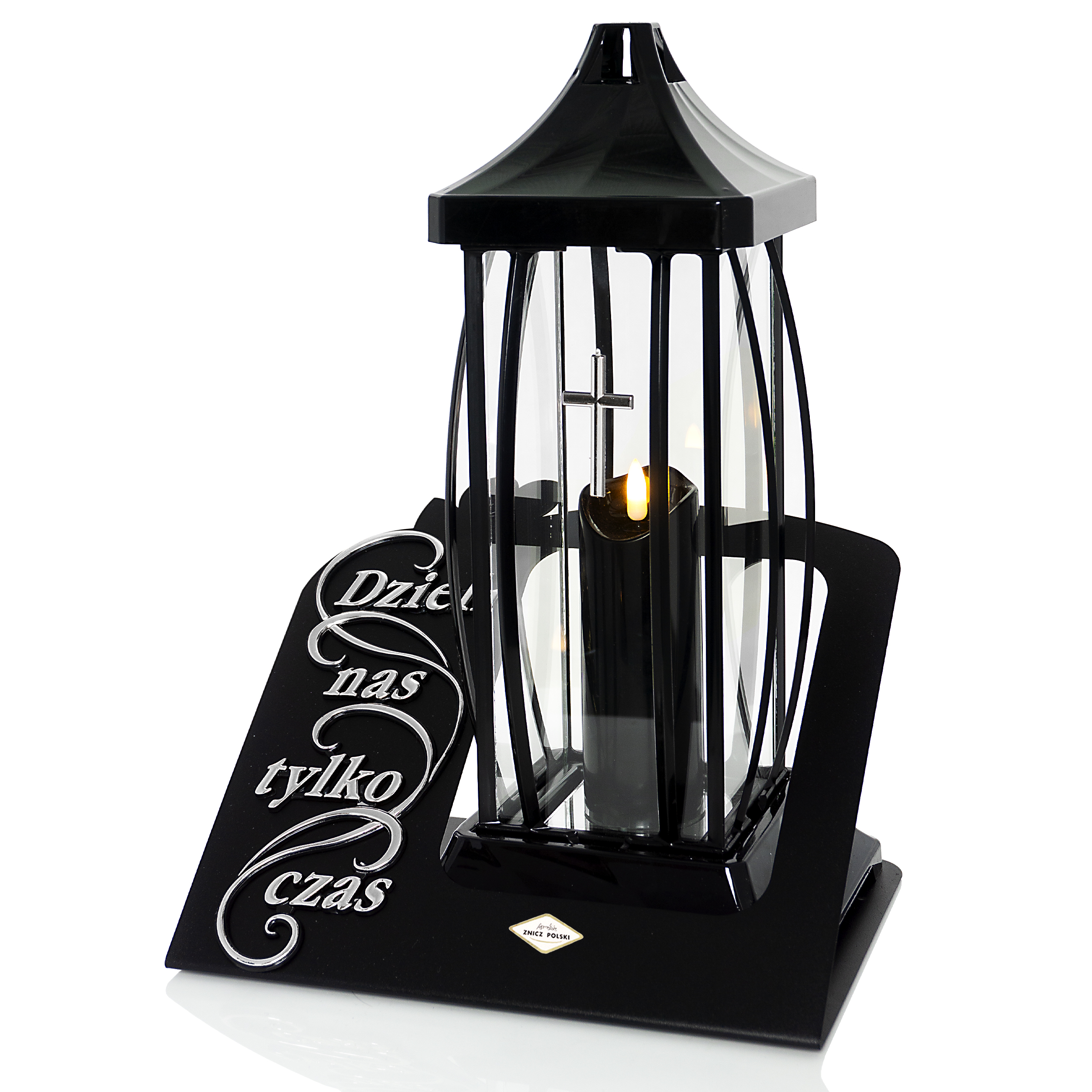 Duży wyjątkowy znicz z elegancką podstawą i napisem "Dzieli nas tylko czas" czarny