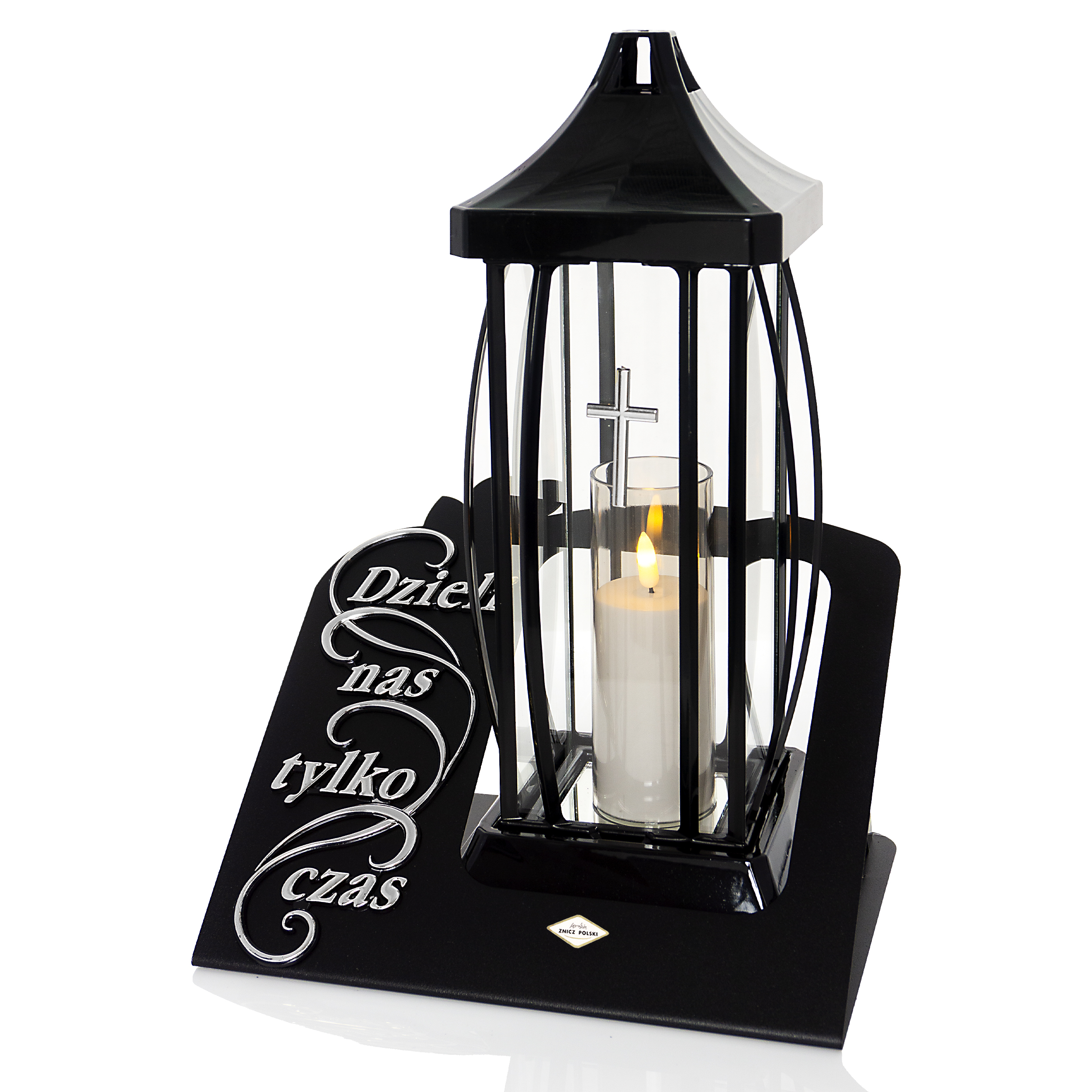 Duży wyjątkowy znicz z elegancką podstawą i napisem "Dzieli nas tylko czas" czarny