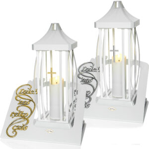 Duży wyjątkowy znicz z elegancką podstawą i napisem "Dzieli nas tylko czas" biały