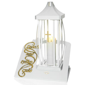 Duży wyjątkowy znicz z elegancką podstawą i napisem "Dzieli nas tylko czas" biały