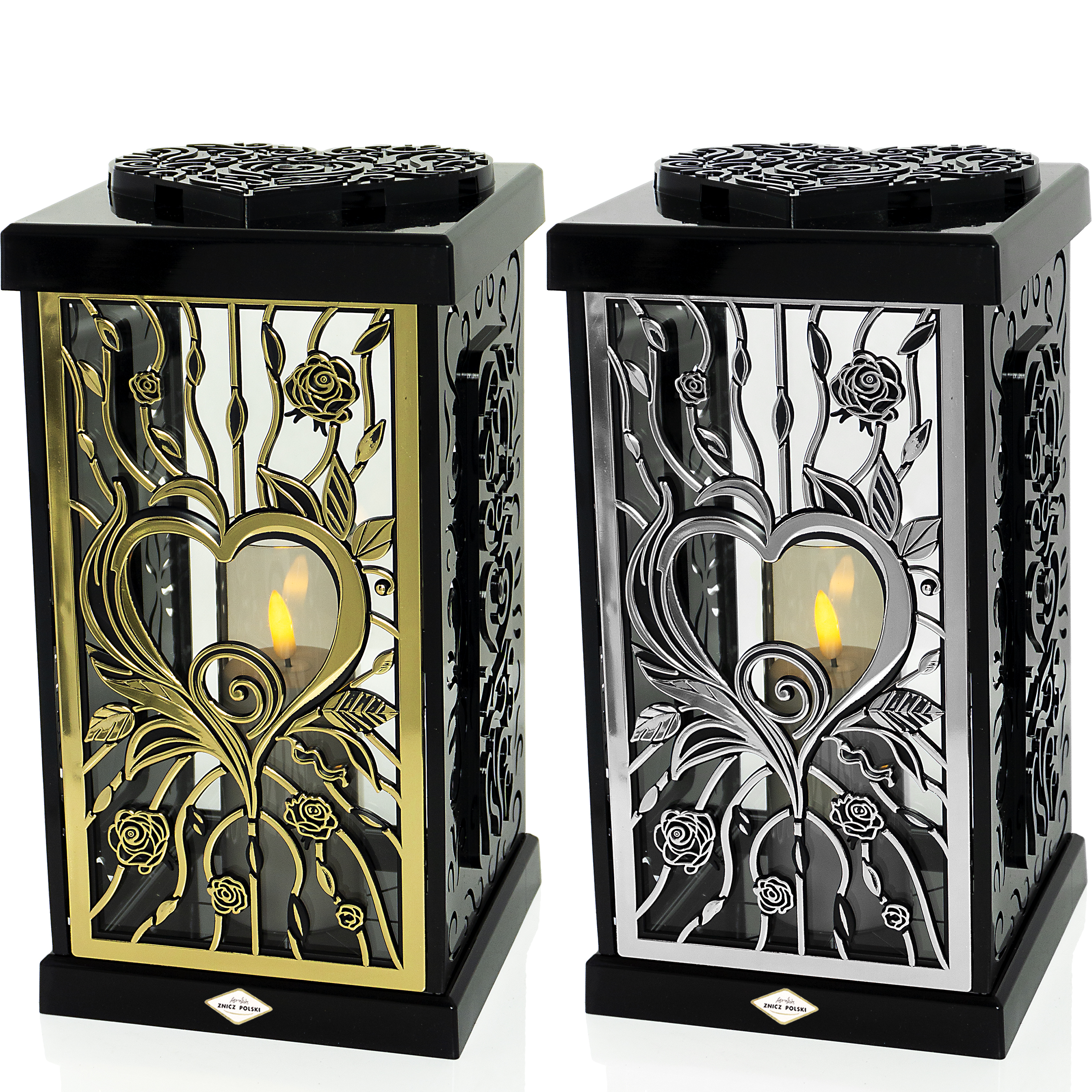 Elgancki bogato zdobiony znicz w formie dużej latarenki z motywem serca