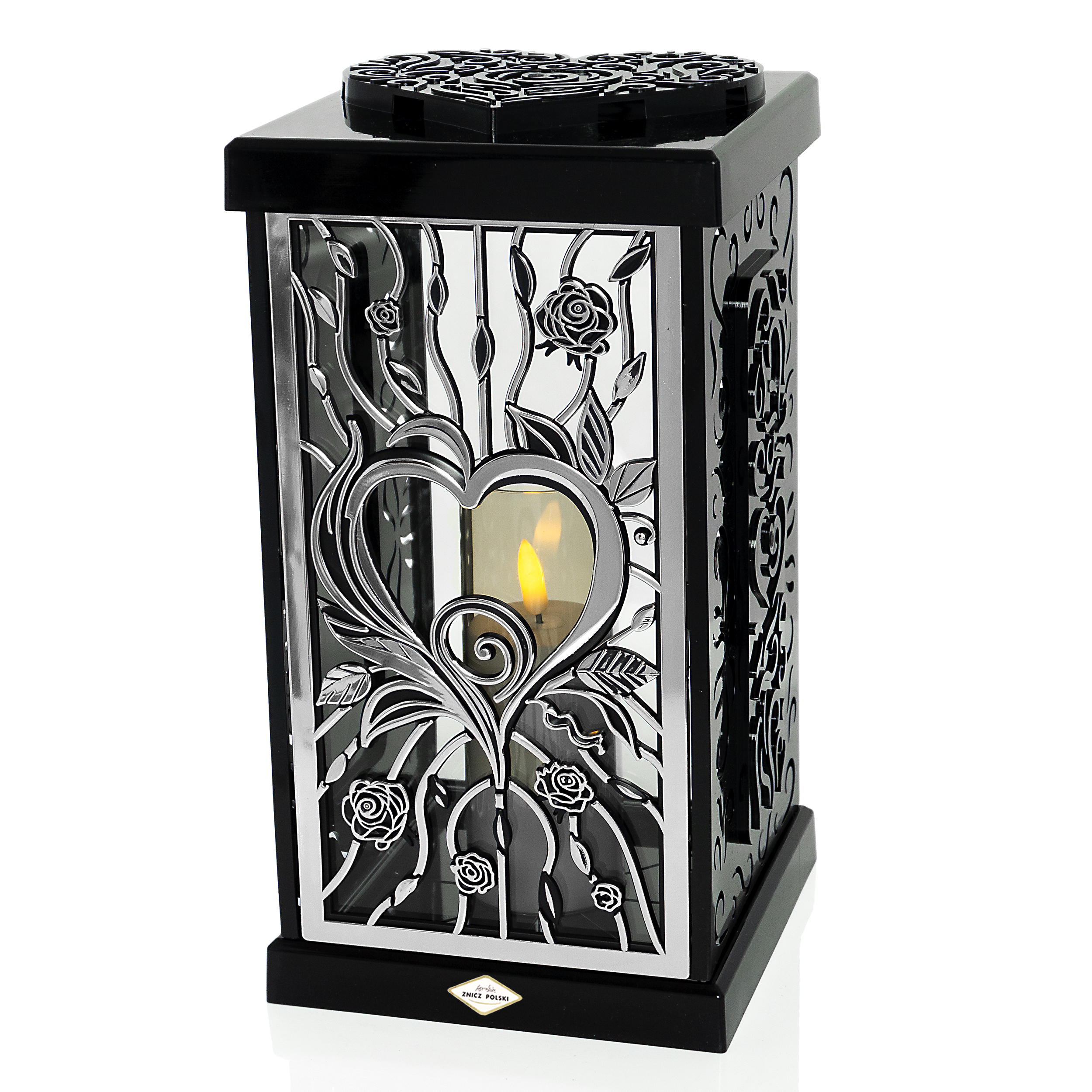 Elgancki bogato zdobiony znicz w formie dużej latarenki z motywem serca