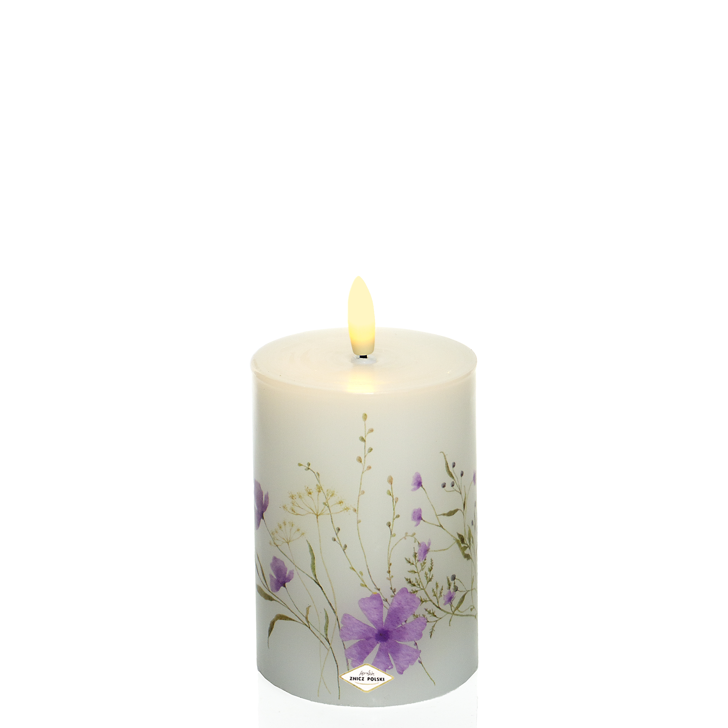 Woskowana świeca LED z odzonymi pastelowymi kwiatami w kolorze fioletowym- 13cm, 15,5cm lub 18cm