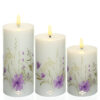 Woskowana świeca LED z odzonymi pastelowymi kwiatami w kolorze fioletowym- 13cm, 15,5cm lub 18cm