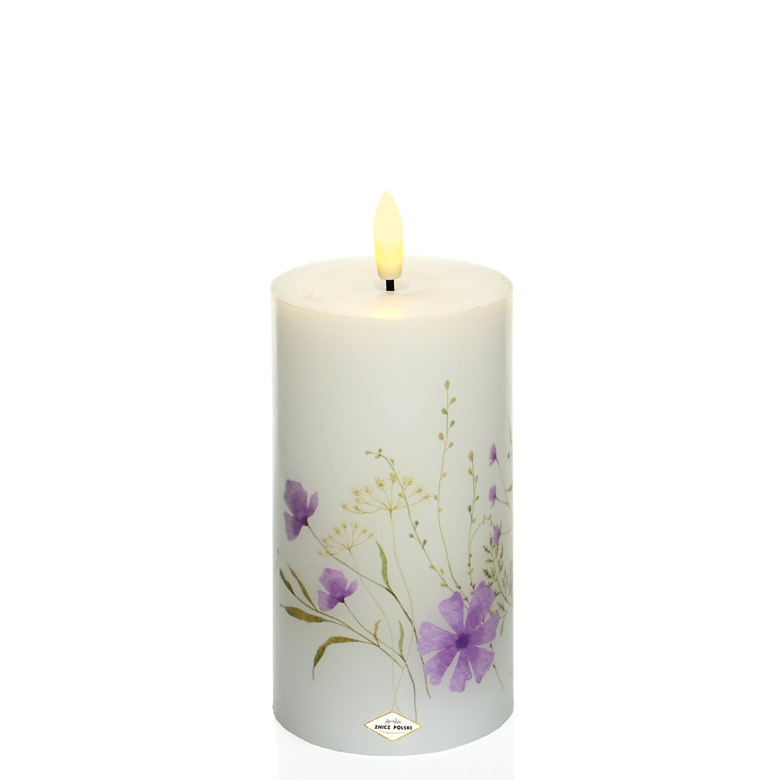 Woskowana świeca LED z odzonymi pastelowymi kwiatami w kolorze fioletowym- 13cm, 15,5cm lub 18cm