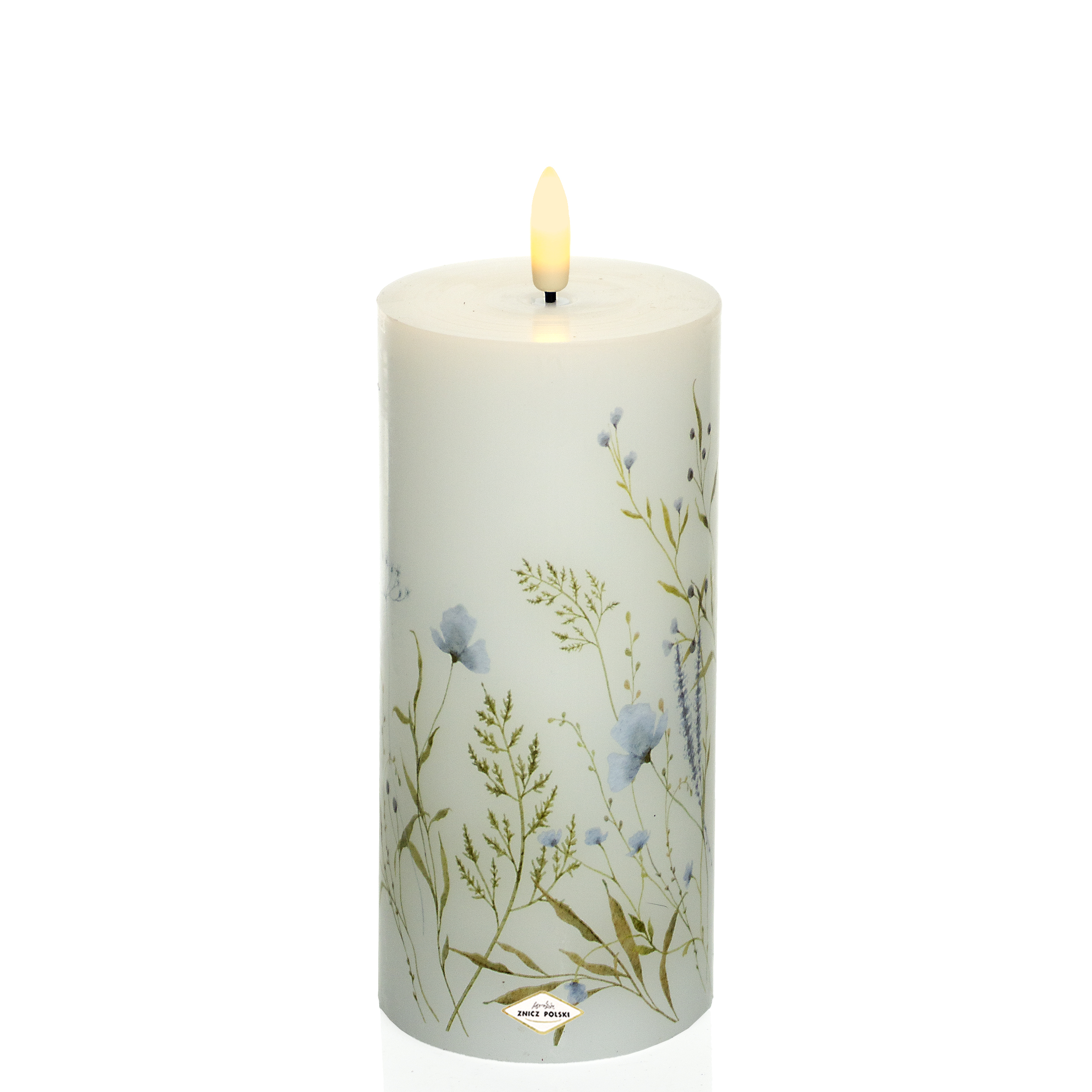 Woskowana świeca LED z odzonymi pastelowymi kwiatami w kolorze niebieskim - 13cm, 15,5cm lub 18cm