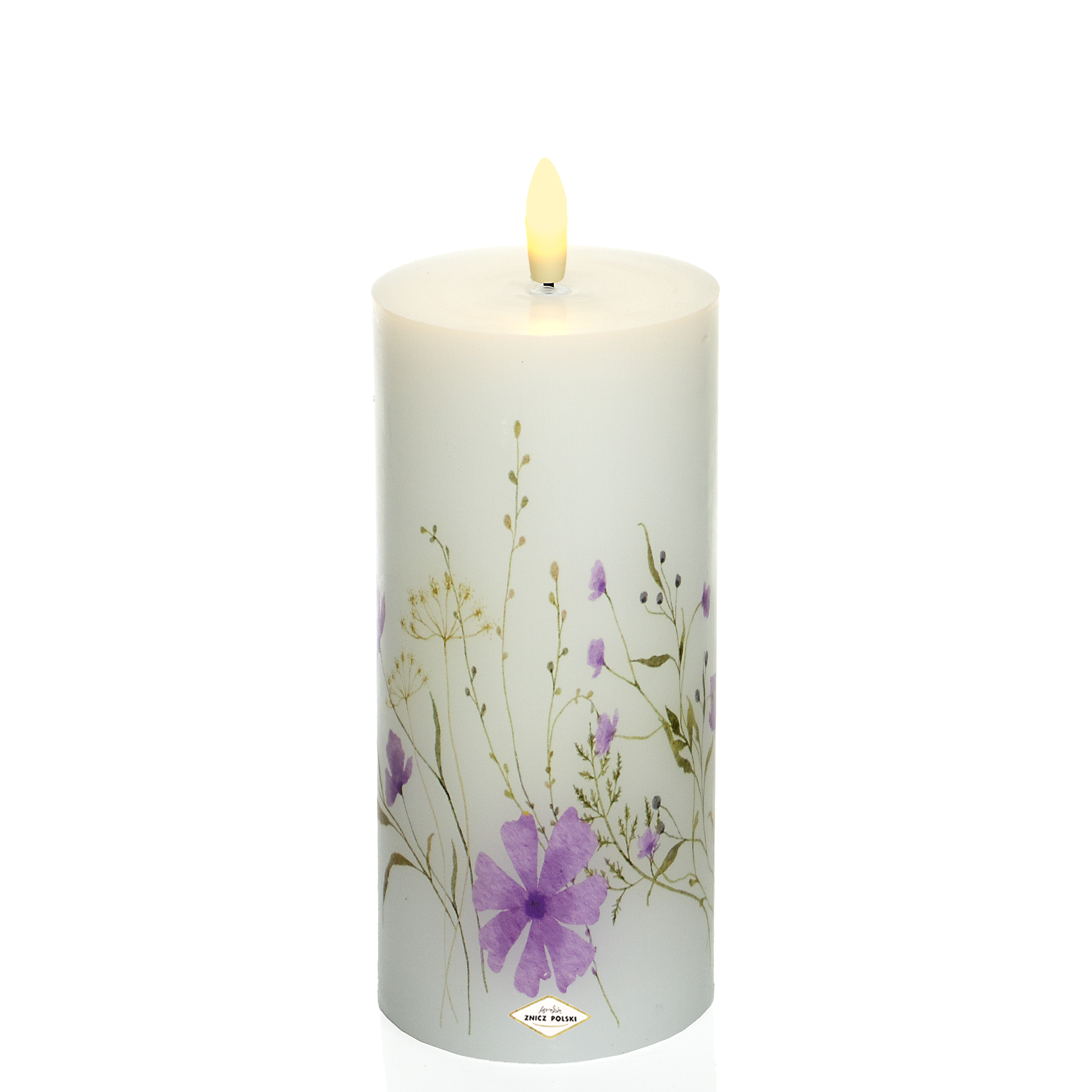 Woskowana świeca LED z odzonymi pastelowymi kwiatami w kolorze fioletowym- 13cm, 15,5cm lub 18cm