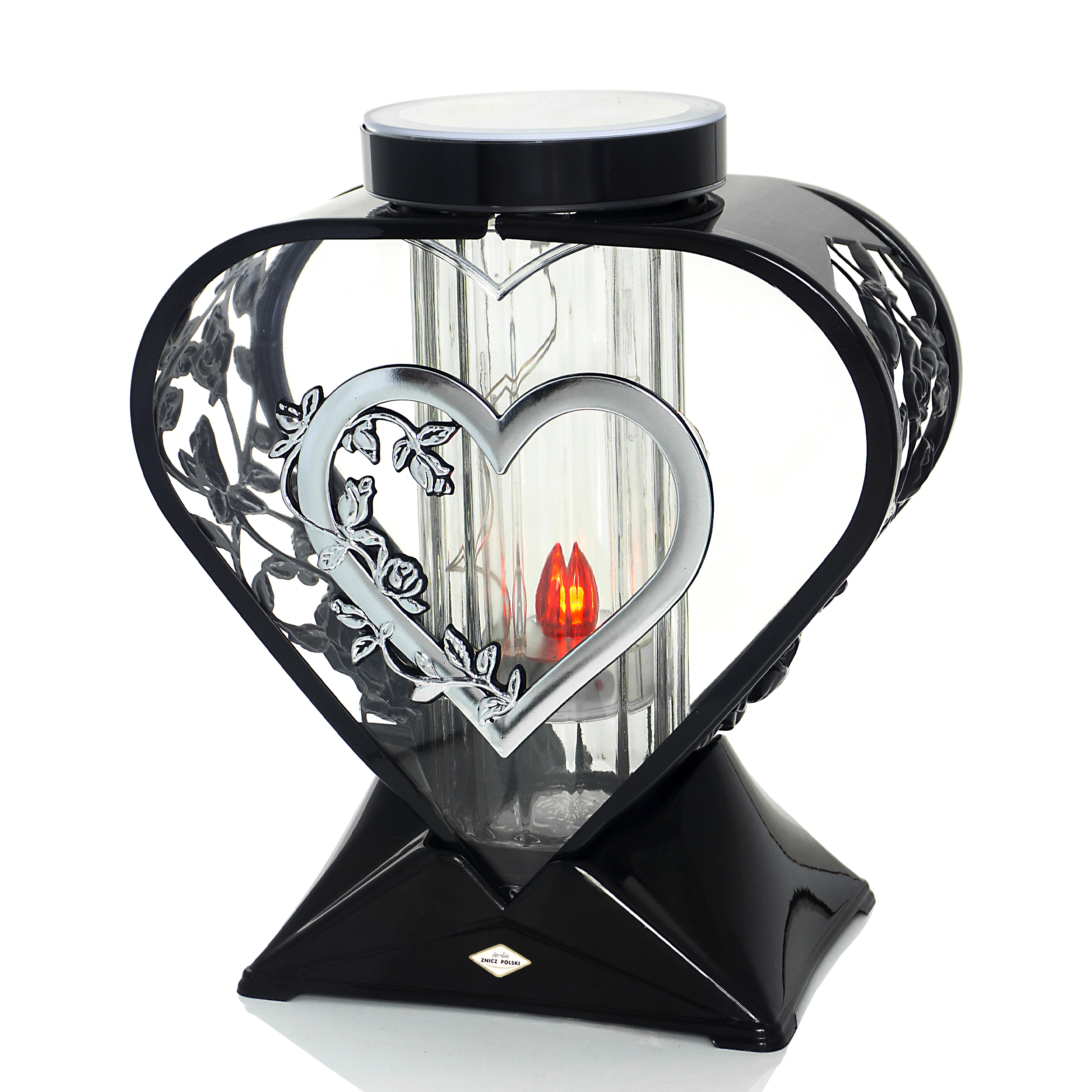 Znicz solarny w kształcie serca z odobnymi ażurami na bokach NOWOŚĆ