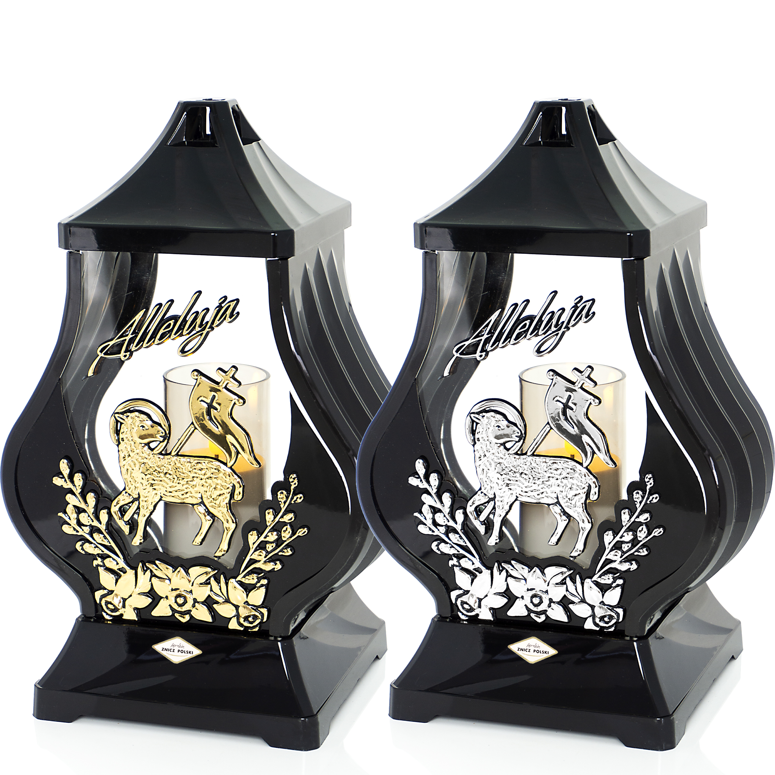 Znicz nagrobny wielkanocny w kolorze czarnym z elegancką aplikacją baranka i kwiatów