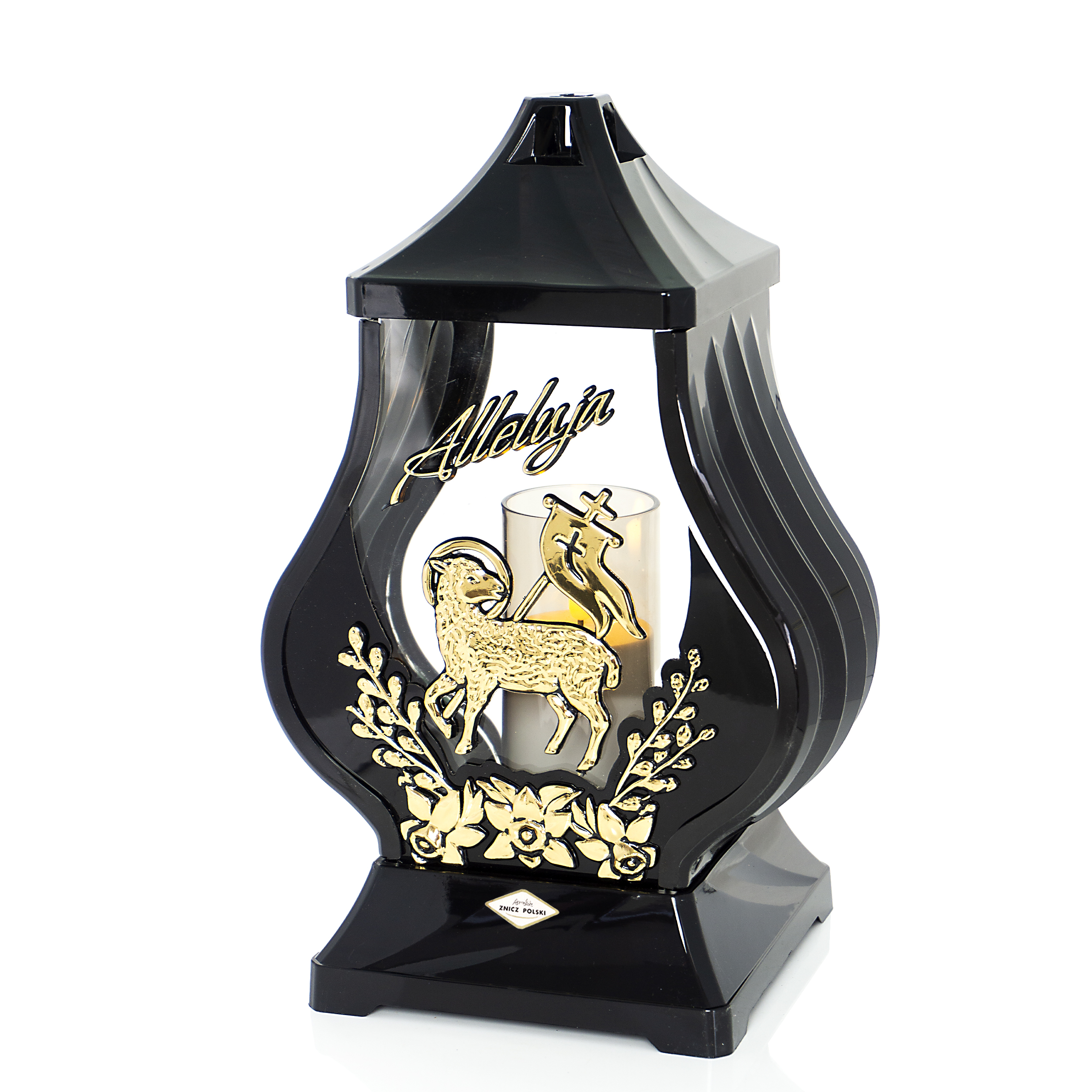 Znicz nagrobny wielkanocny w kolorze czarnym z elegancką aplikacją baranka i kwiatów