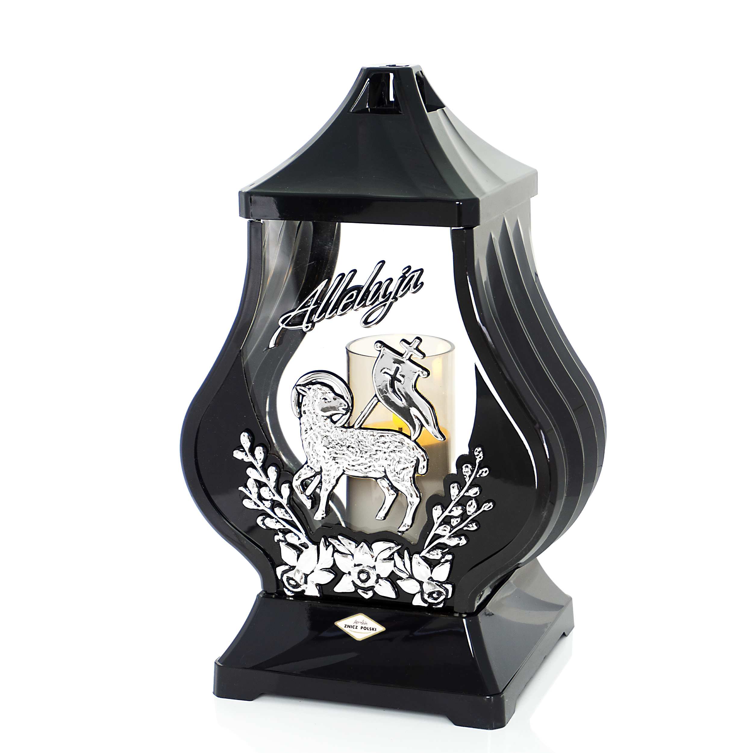 Znicz nagrobny wielkanocny w kolorze czarnym z elegancką aplikacją baranka i kwiatów