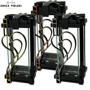 Designerski złoty, srebrny i miedziany znicz z motywem serca KWADRAT KOLUMNA 2 SERCA