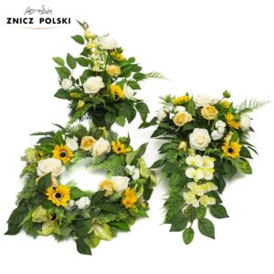 Kompozycja nagrobna z kwiatami słonecznika i róż do wyboru wiązanka, wianek i bukiet