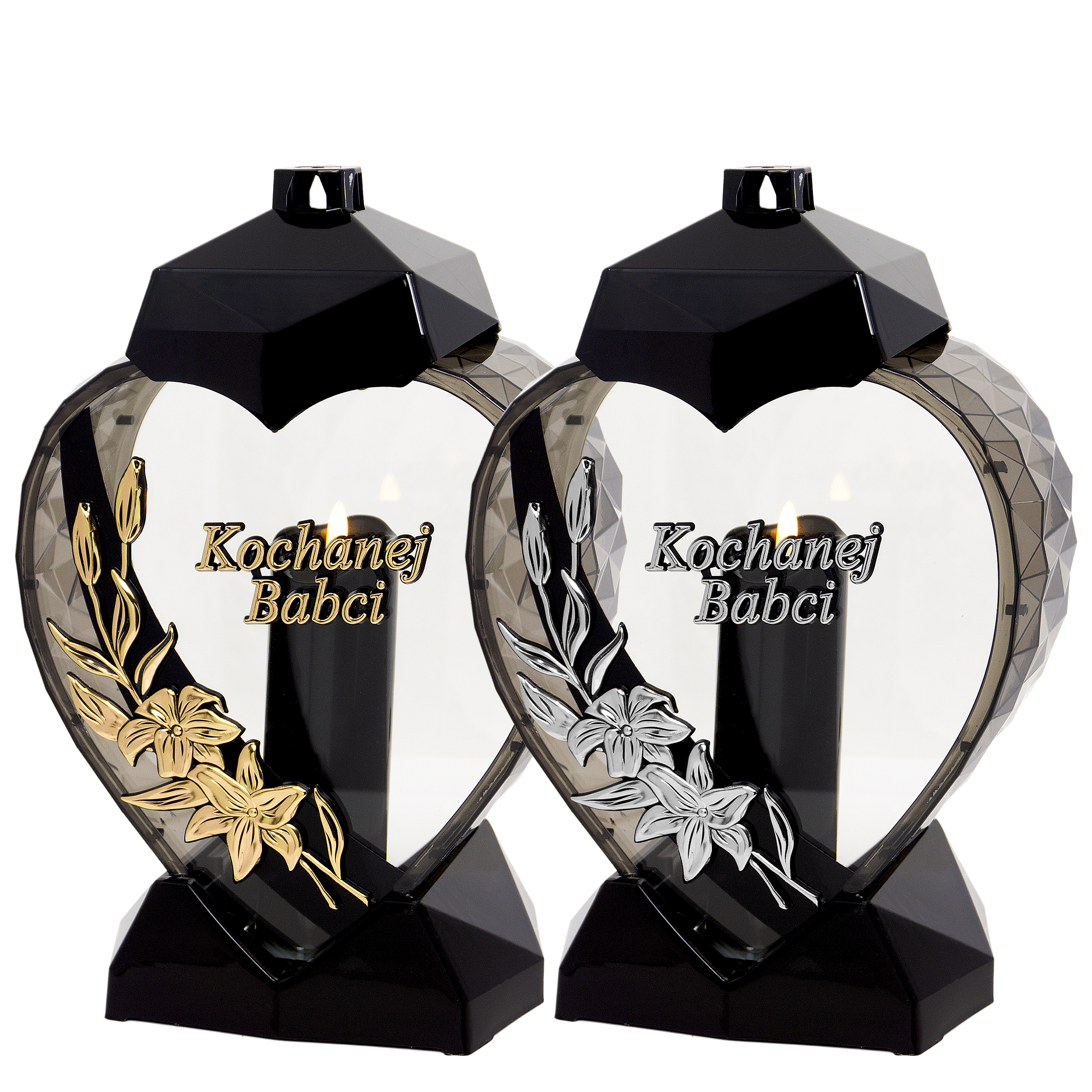 Duży czarno-złoty lub czarno-srebrny znicz w kształcie serca z kwiatem lilii dla Babci