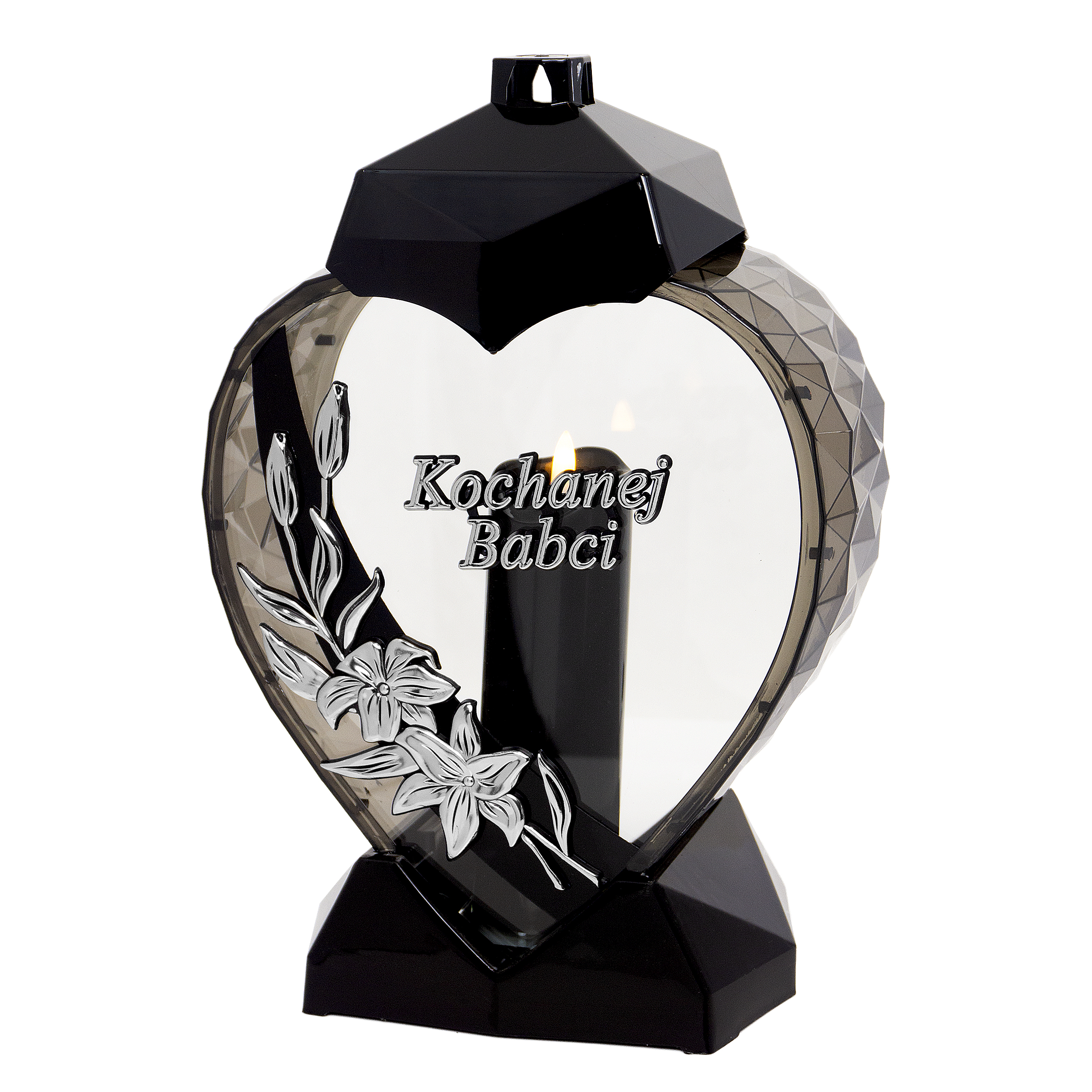 Duży czarno-złoty lub czarno-srebrny znicz w kształcie serca z kwiatem lilii dla Babci