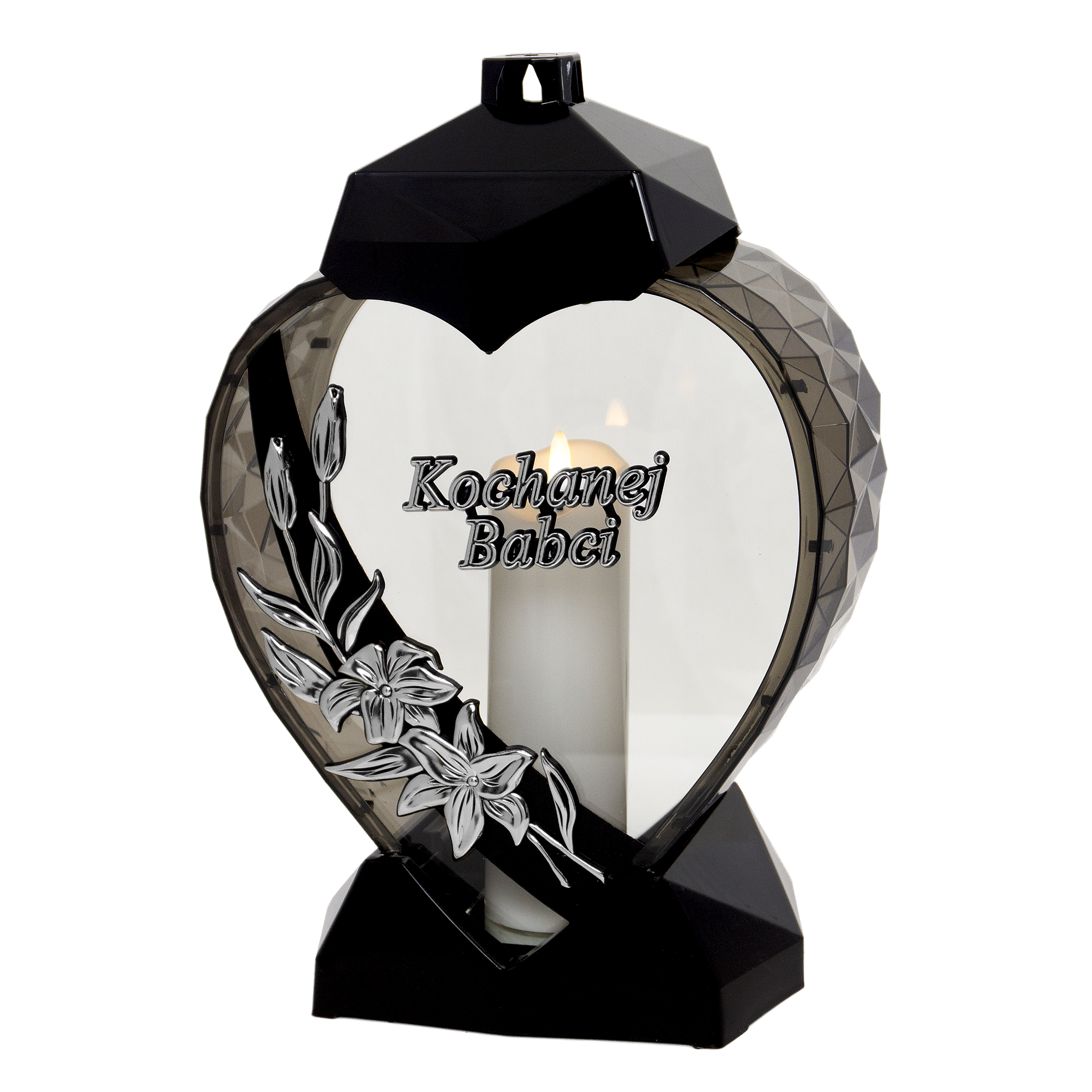 Duży czarno-złoty lub czarno-srebrny znicz w kształcie serca z kwiatem lilii dla Babci