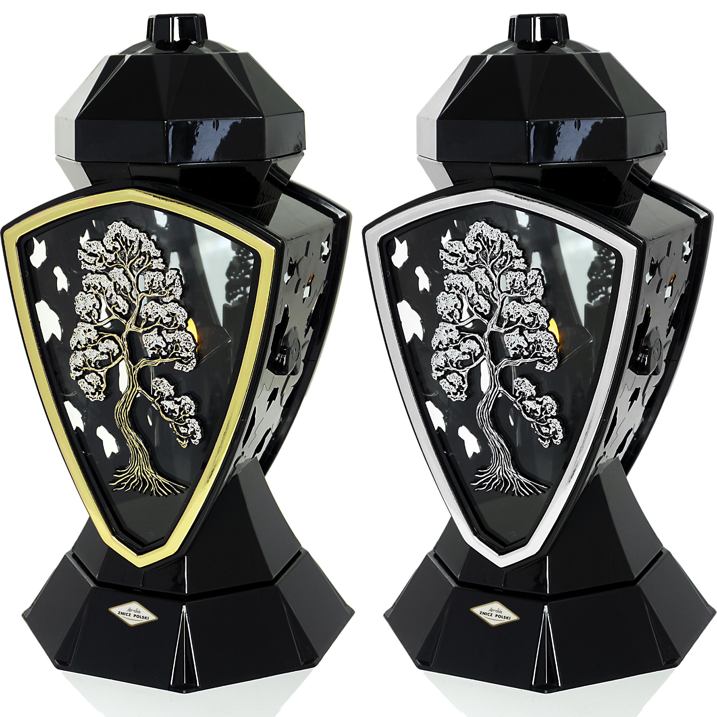 Wysoki znicz nagroby z dekoracyjnym mmotywem drzewka pamięci