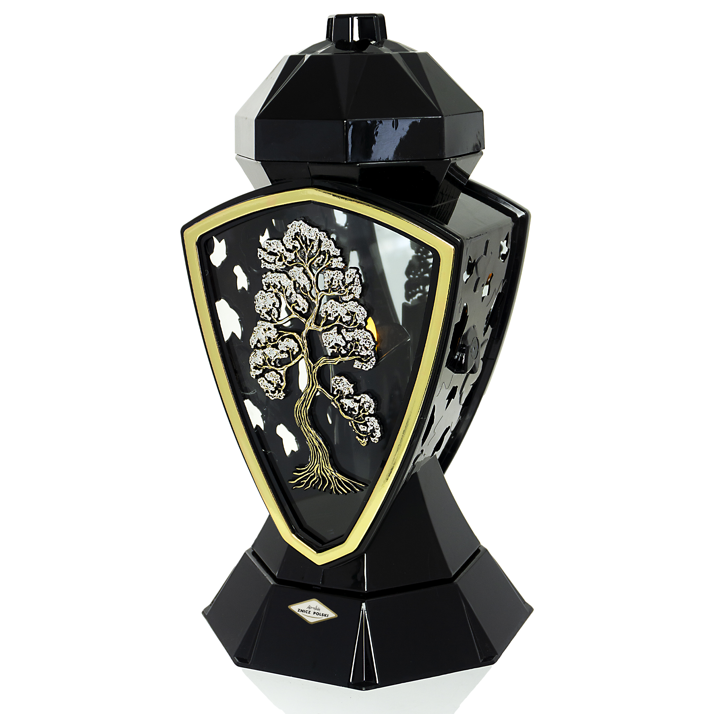 Wysoki znicz nagroby z dekoracyjnym mmotywem drzewka pamięci