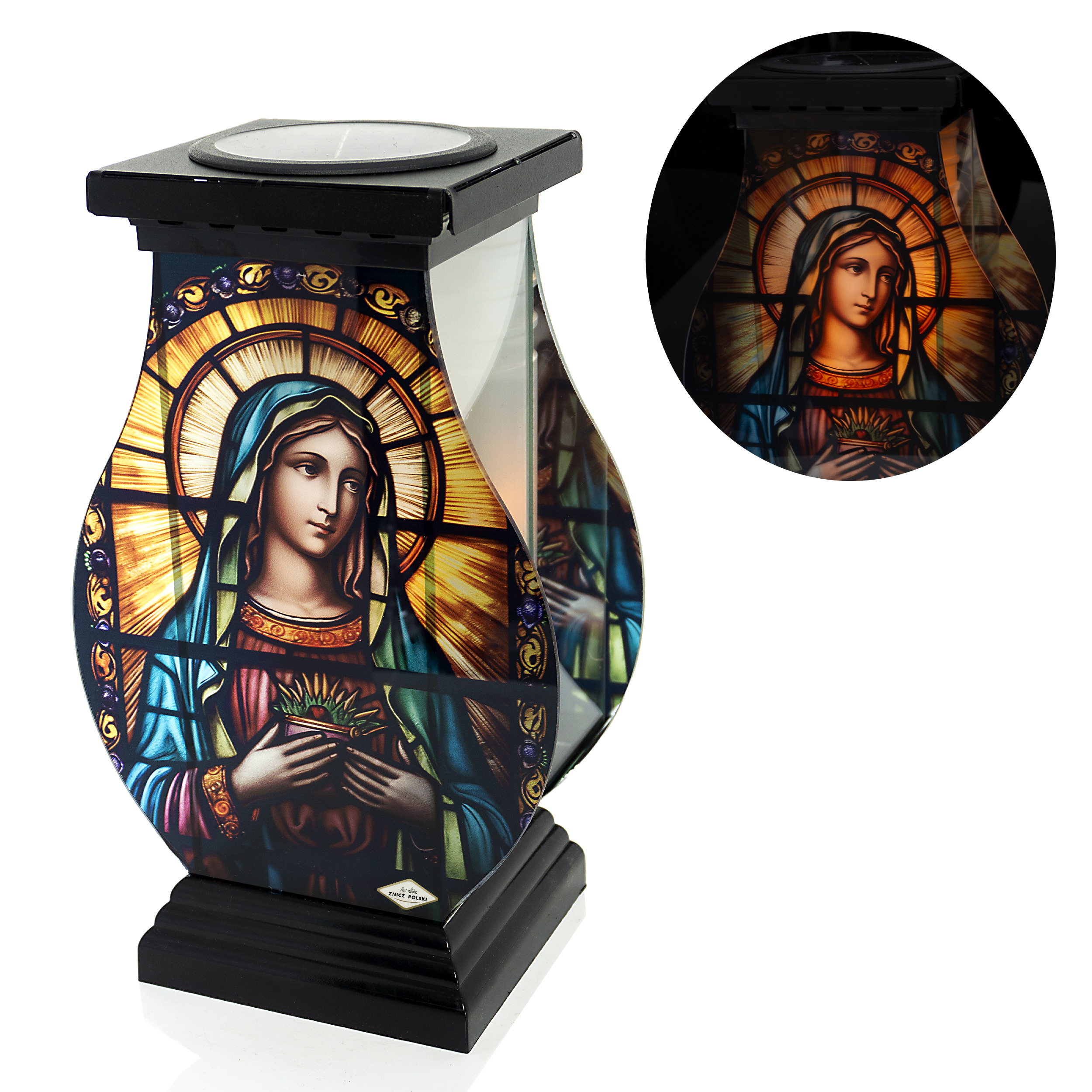 Efektowny znicz witrażowy solarny z wizerunkiem Matki Boskiej 32cm wysokości