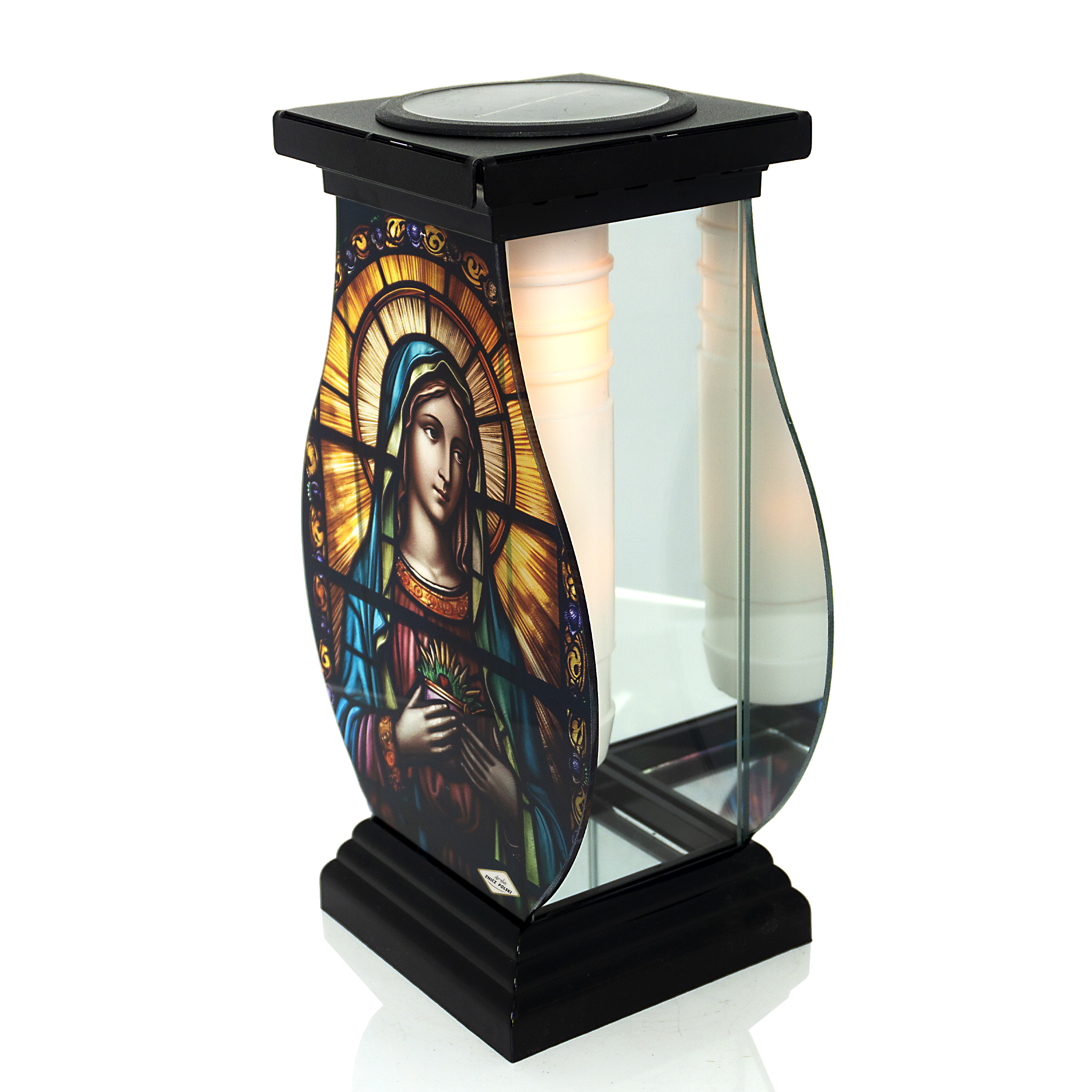 Efektowny znicz witrażowy solarny z wizerunkiem Matki Boskiej 32cm wysokości