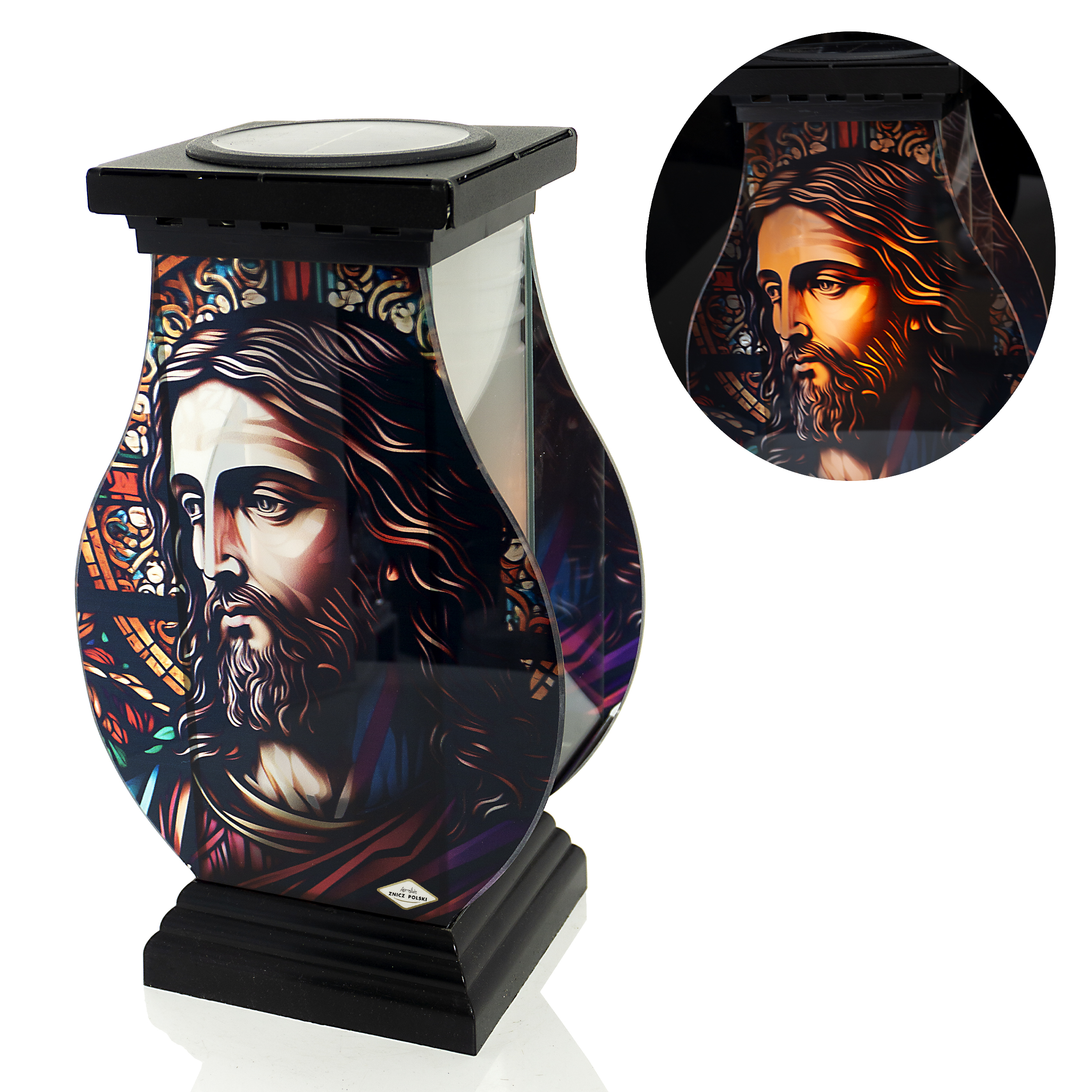 Efektowny znicz witrażowy solarny z wizerunkiem Pana Jezusa 32cm wysokości