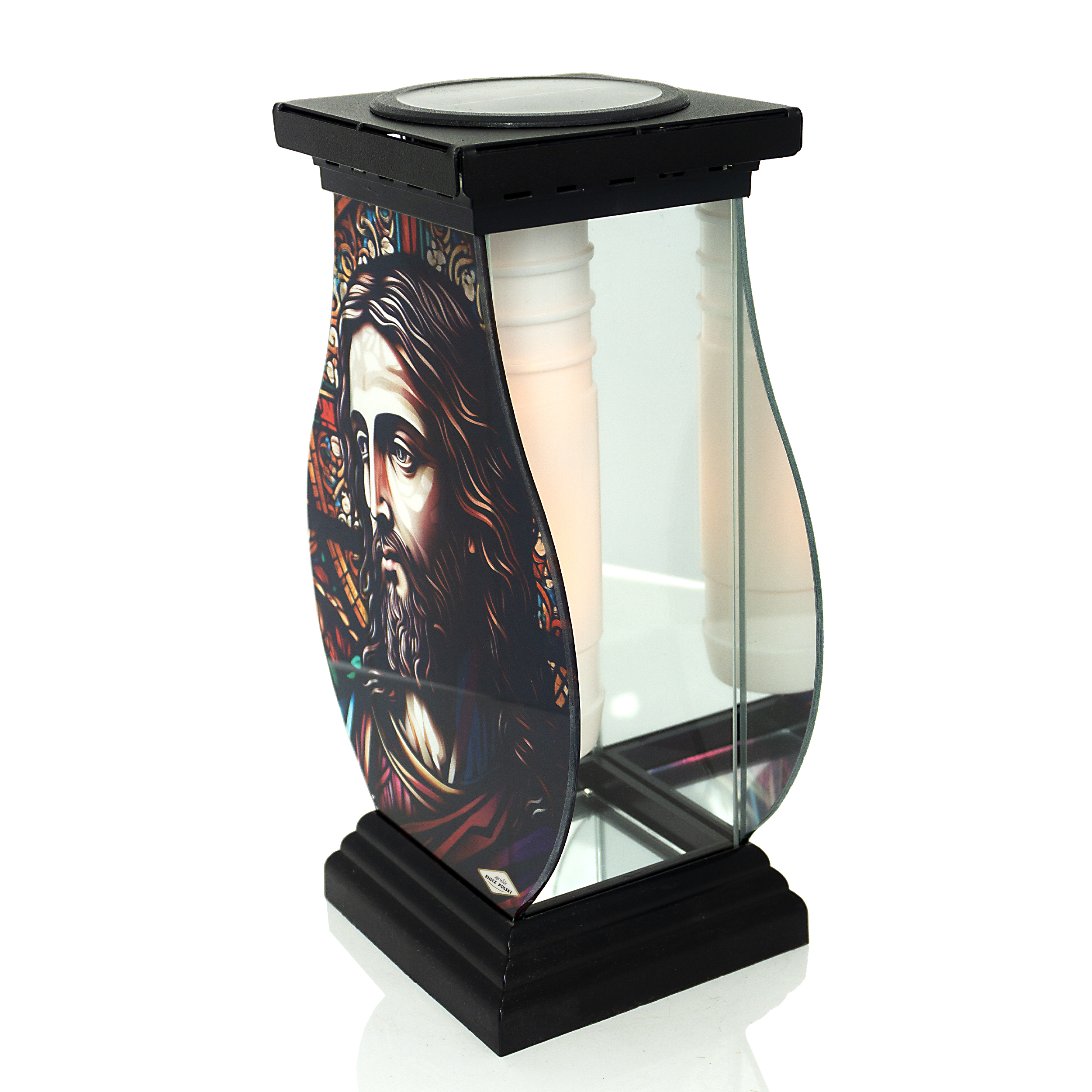 Efektowny znicz witrażowy solarny z wizerunkiem Pana Jezusa 32cm wysokości