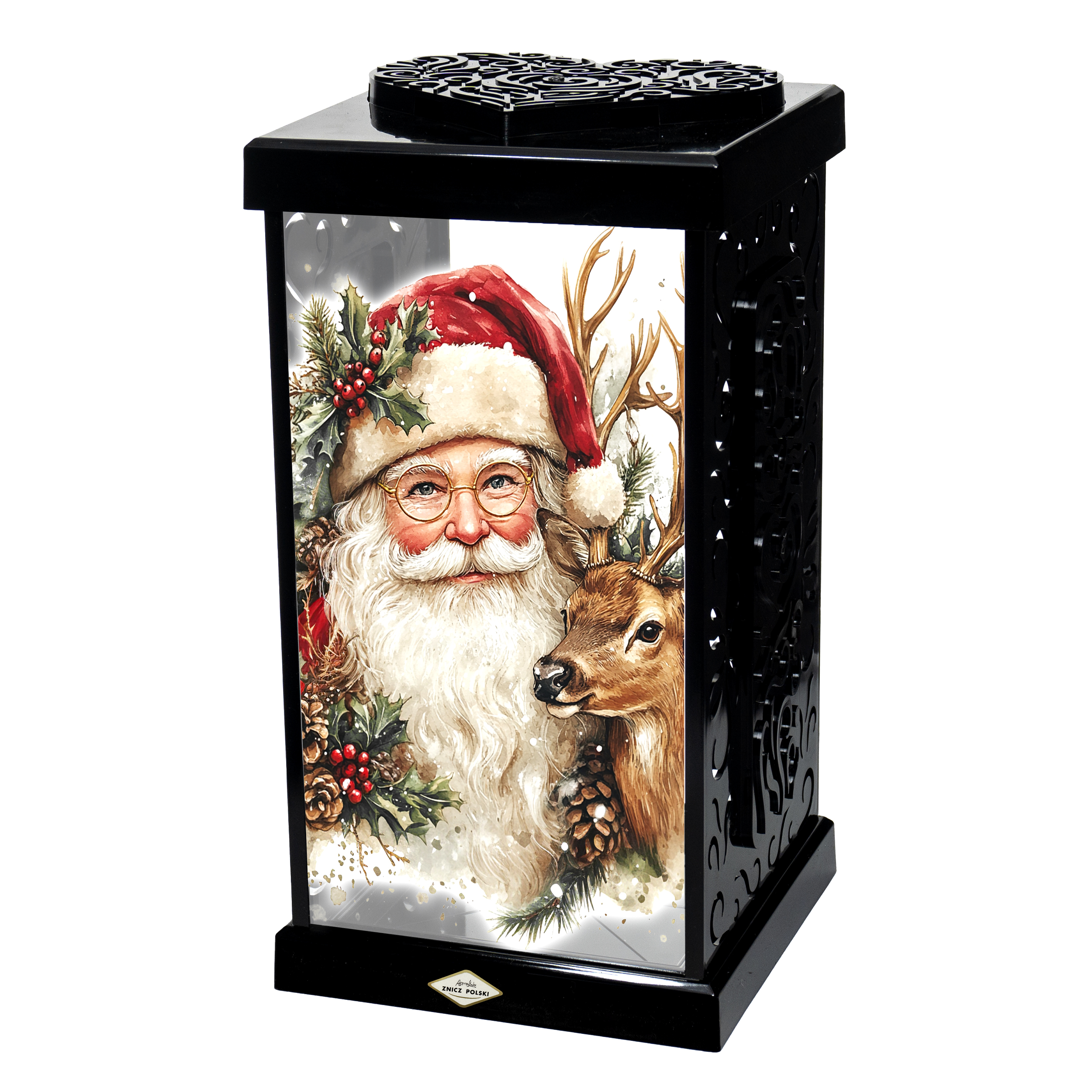 Duży znicz bożonarodzeniowy z wizerunkiem Św. Mikołaja