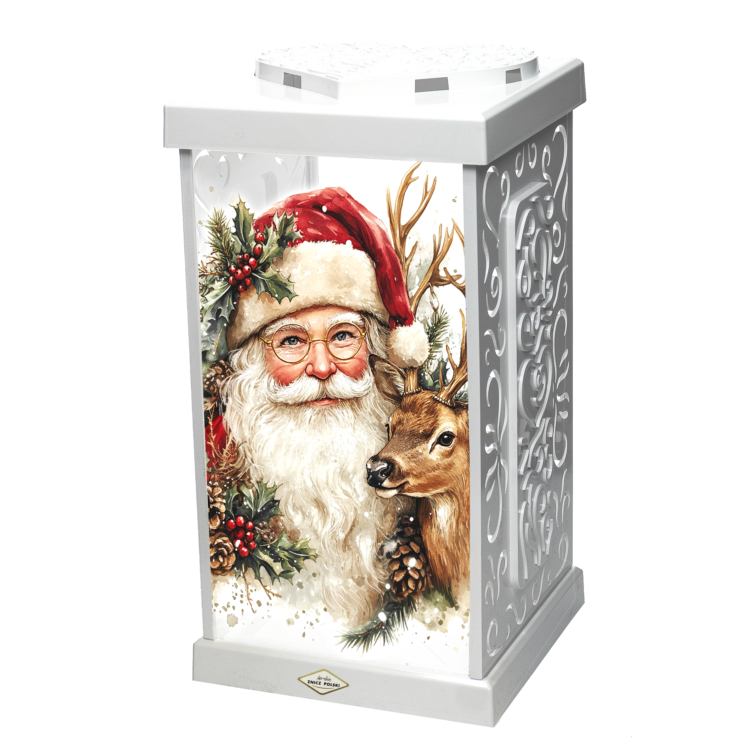 Duży znicz bożonarodzeniowy z wizerunkiem Św. Mikołaja