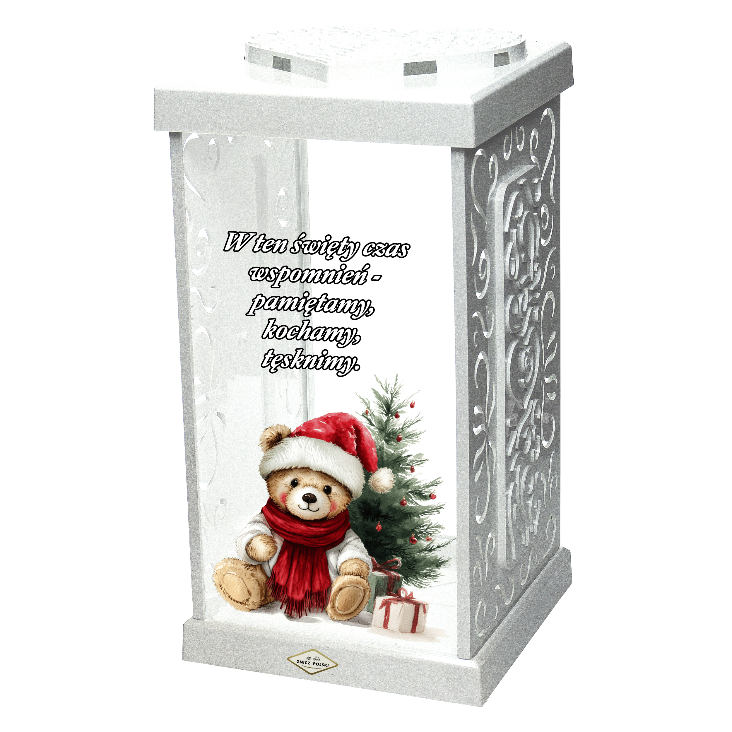 Duży biały znicz bożonarodzeniowy dla dziecka z Misiem i napisem