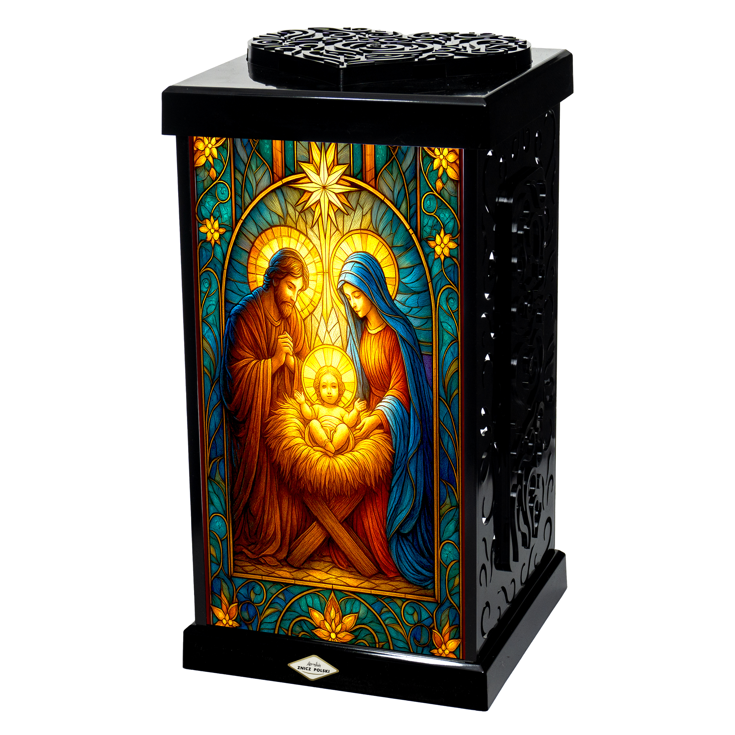 Duży czarny znicz bożonarodzeniowy z witrażem Św. Rodziny