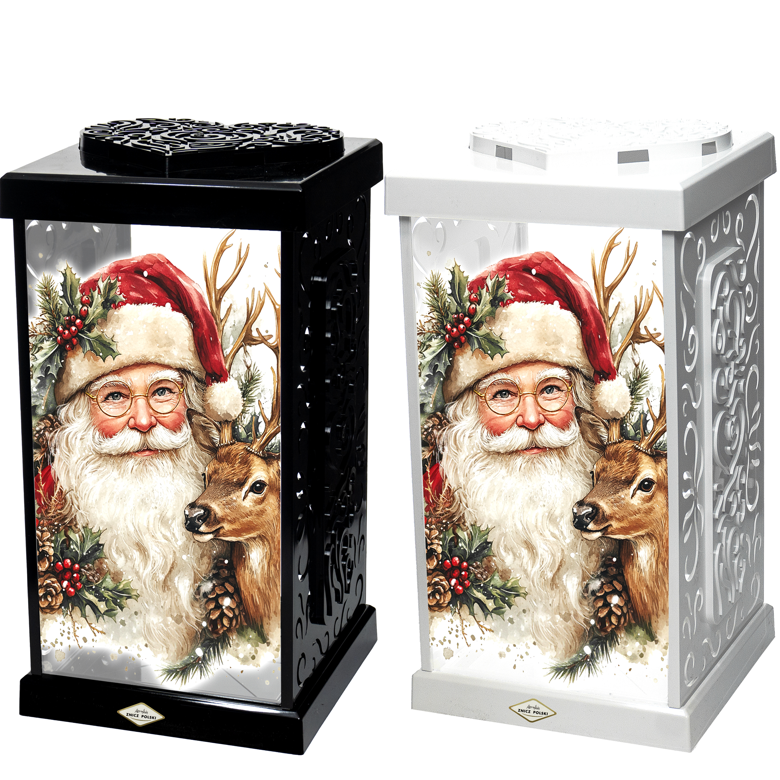 Duży znicz bożonarodzeniowy z wizerunkiem Św. Mikołaja