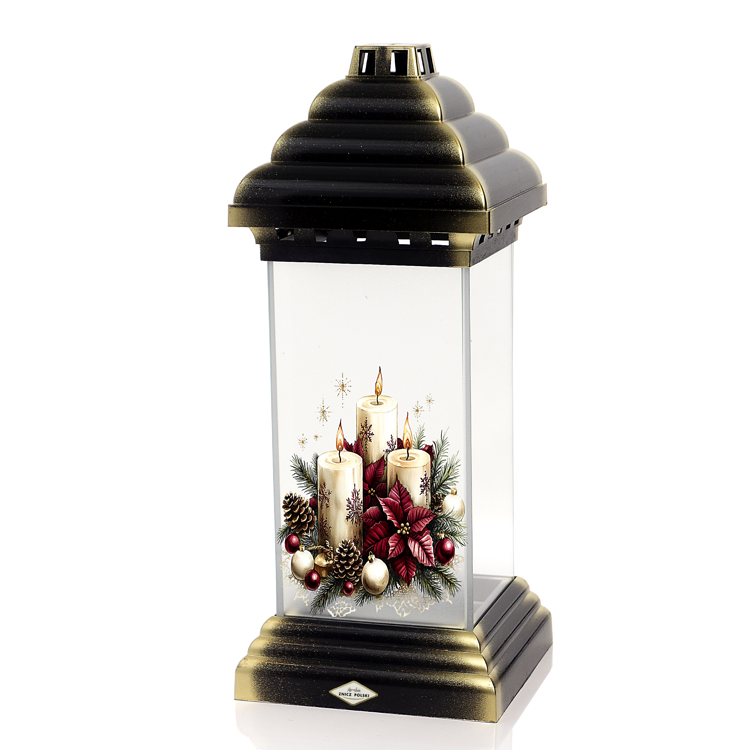 Znicz kapliczka bożonarodzeniowa ze świecami i poinsencją