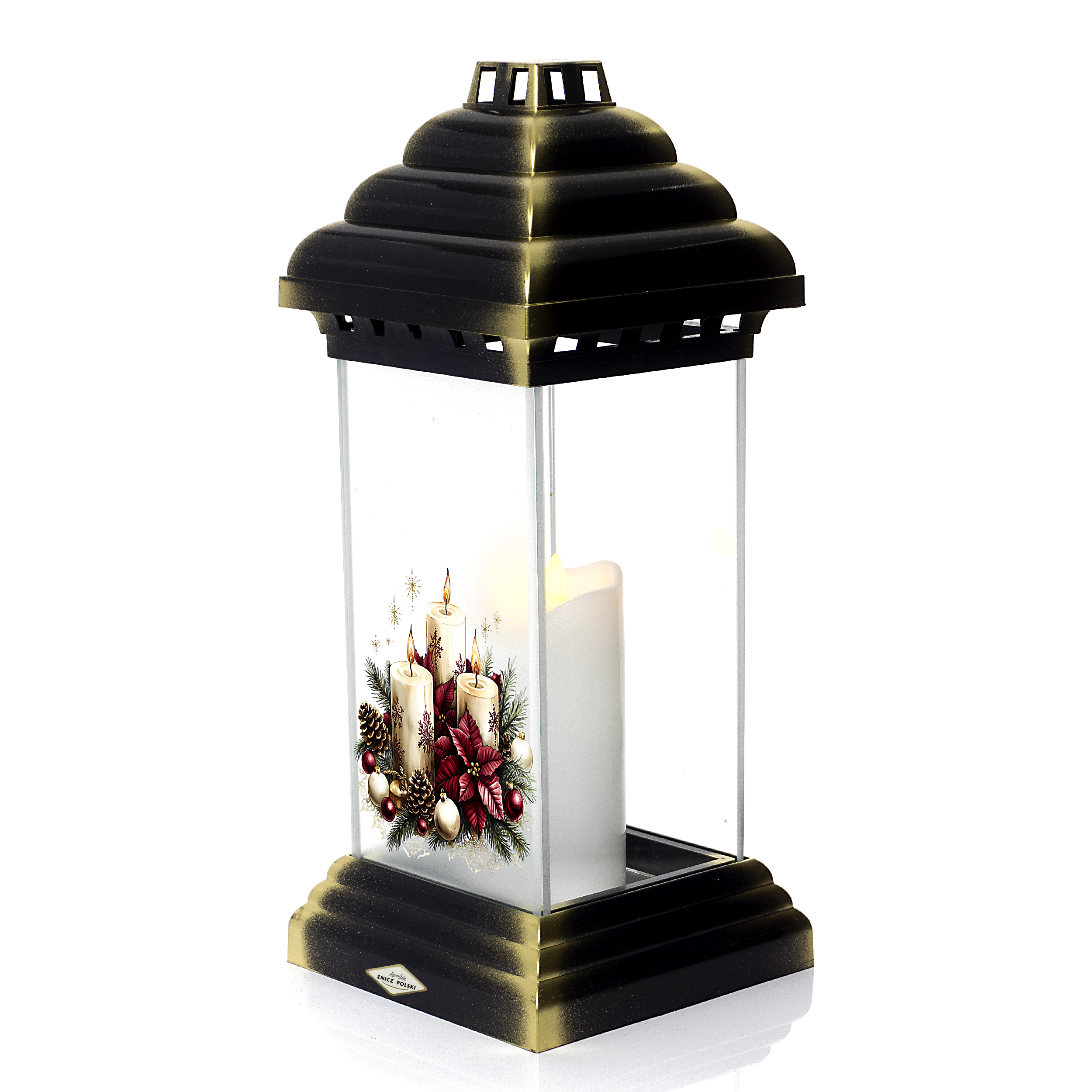 Znicz kapliczka bożonarodzeniowa ze świecami i poinsencją