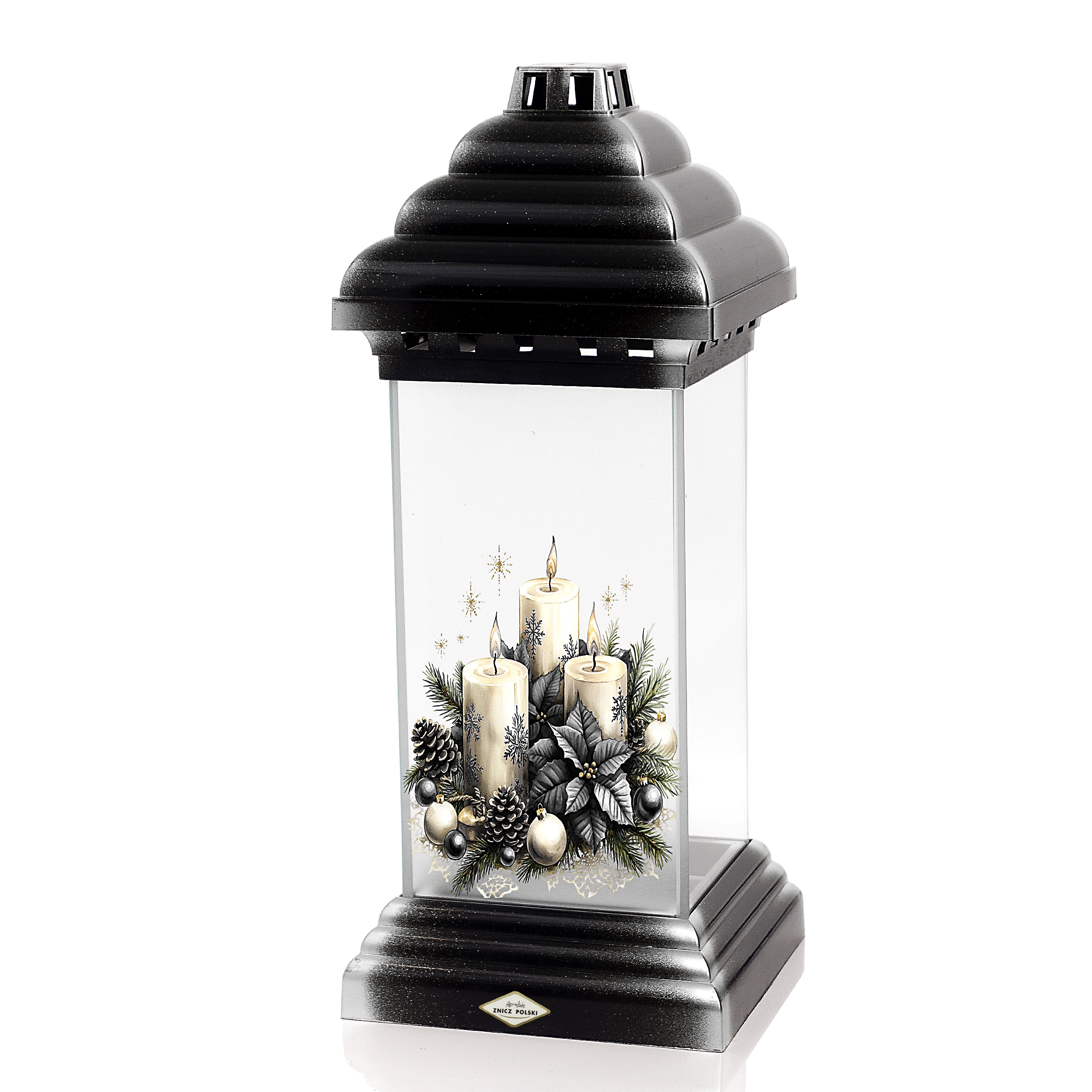 Znicz kapliczka bożonarodzeniowa ze świecami i poinsencją