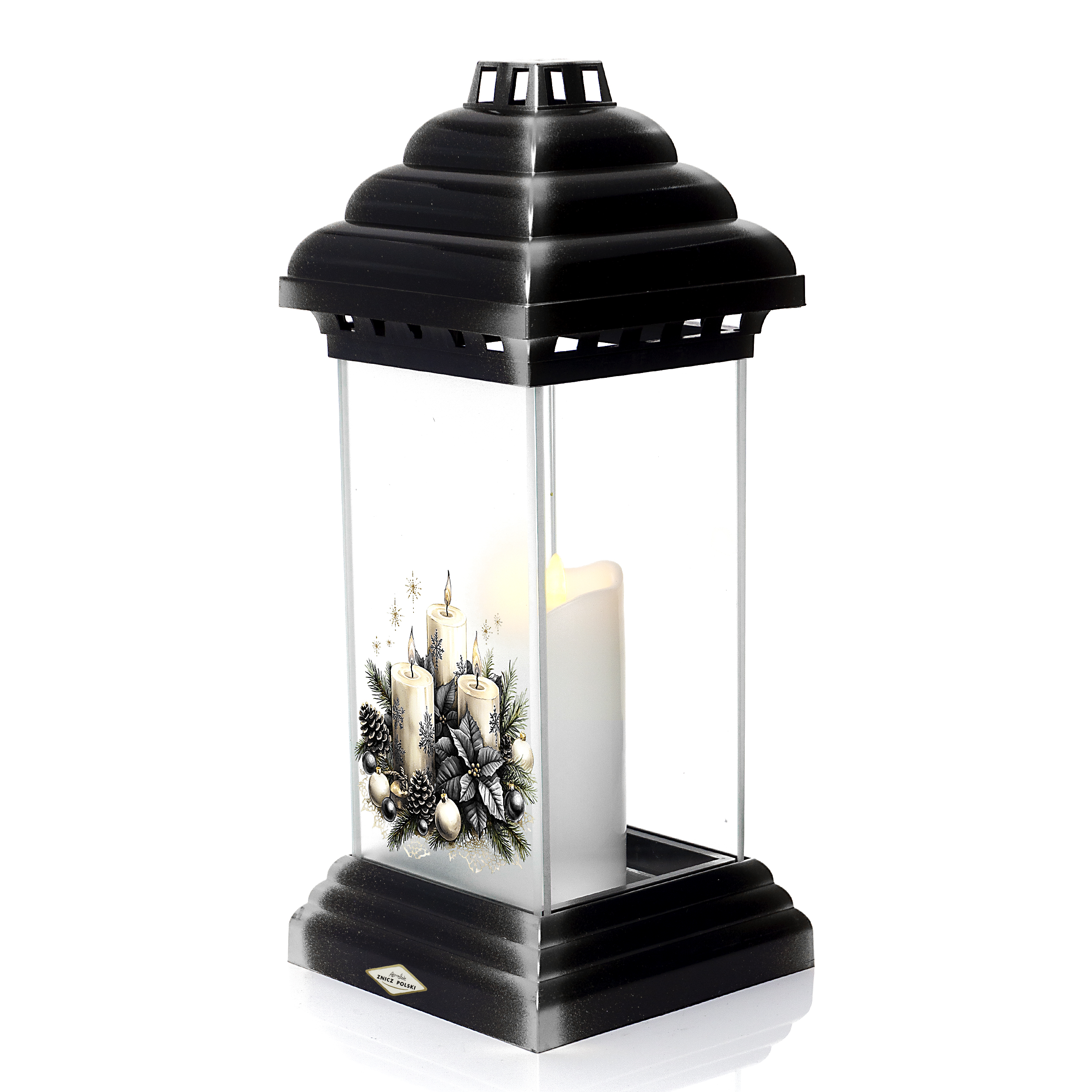 Znicz kapliczka bożonarodzeniowa ze świecami i poinsencją