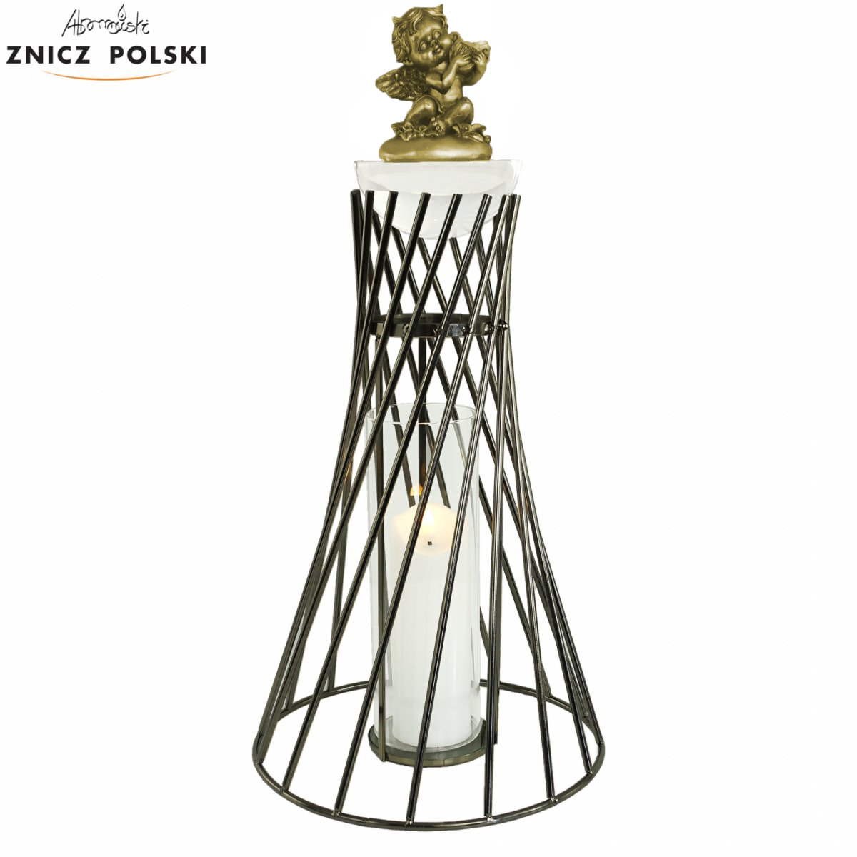 Ekskluzywny wysoki srebrny, złoty lub czarny znicz ze stali nierdzewnej z figurką anioła WIEŻA ANIOŁ