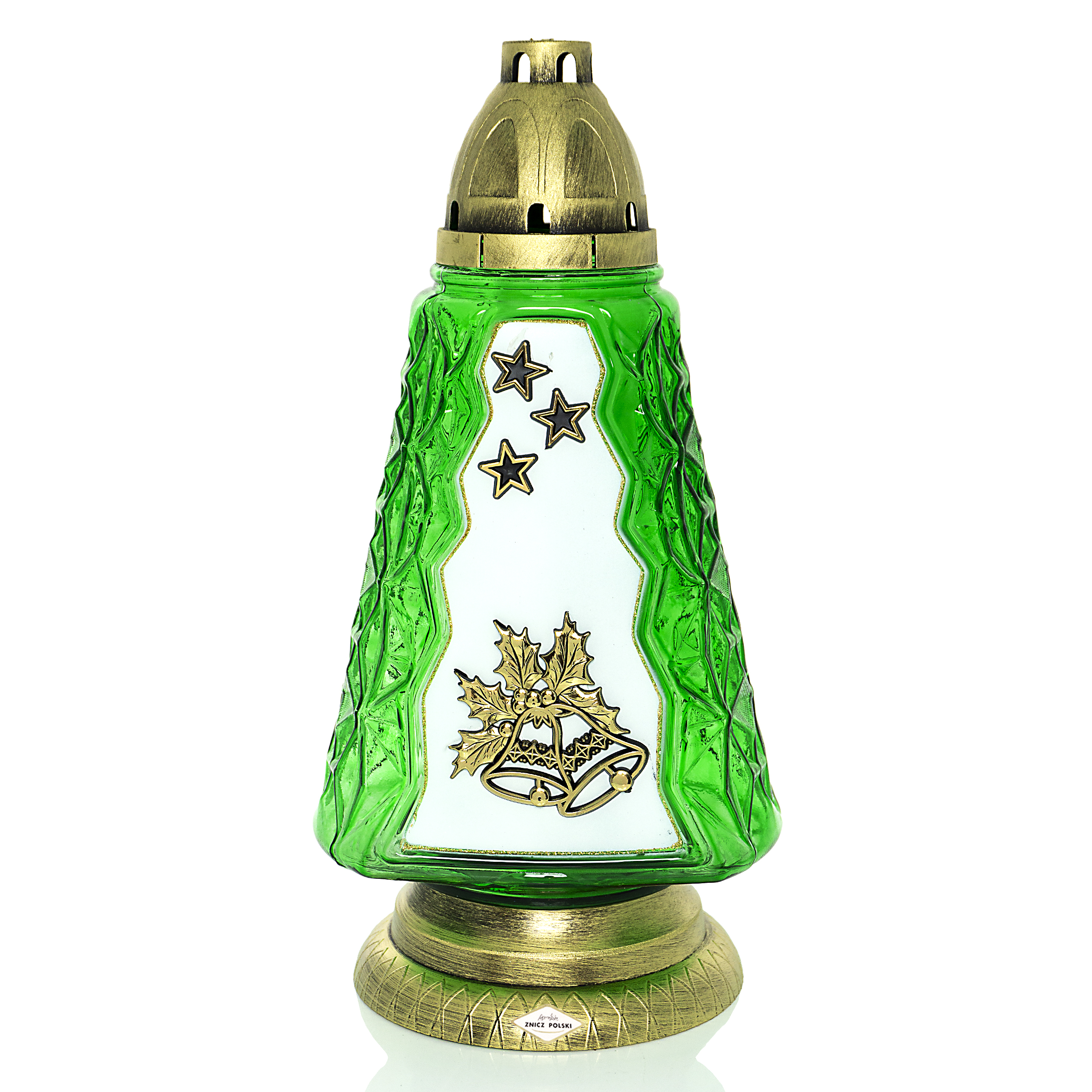 Znicz bożonarodzeniowy w kształcie choinki z metalizowanymi ozdobami na białym tle