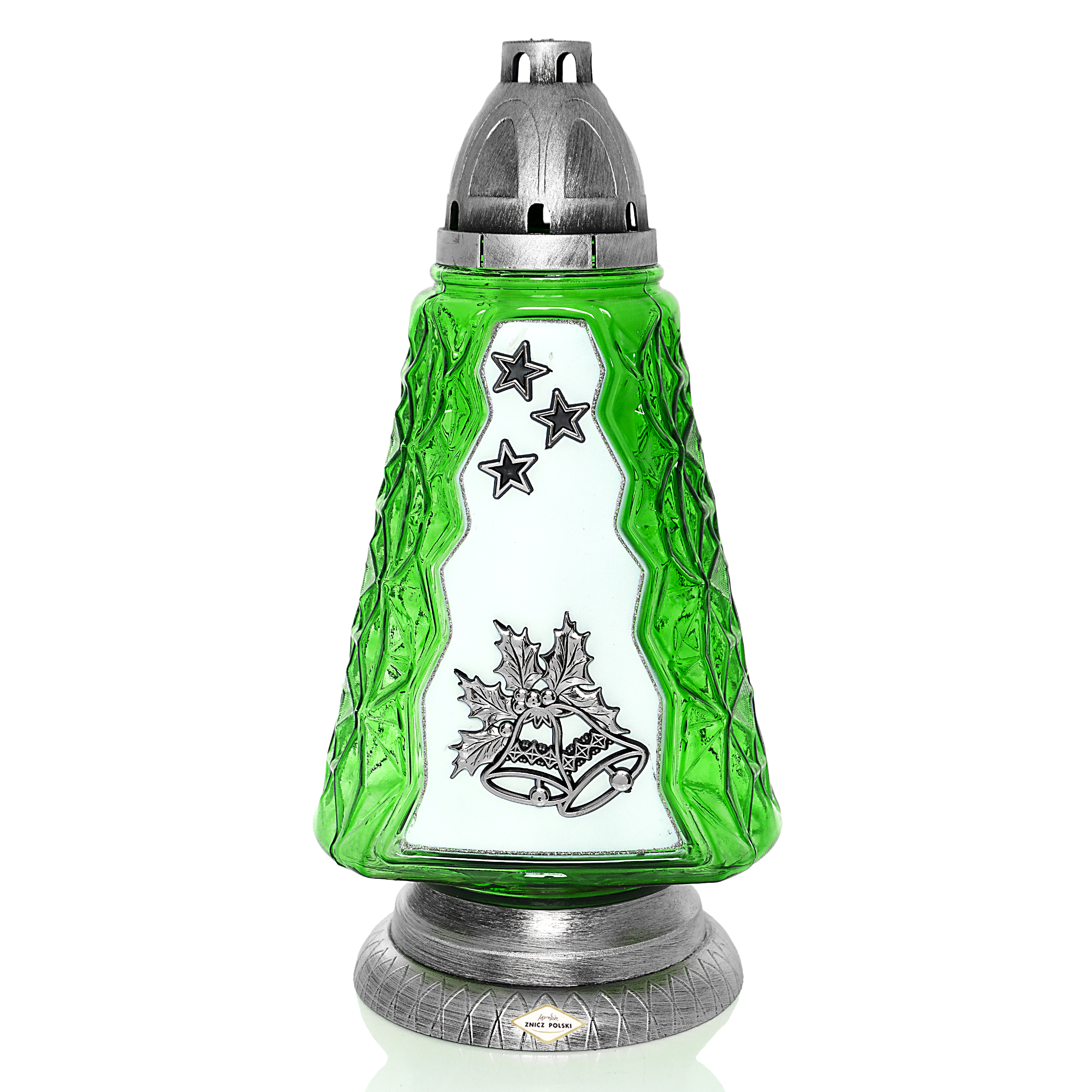 Znicz bożonarodzeniowy w kształcie choinki z metalizowanymi ozdobami na białym tle