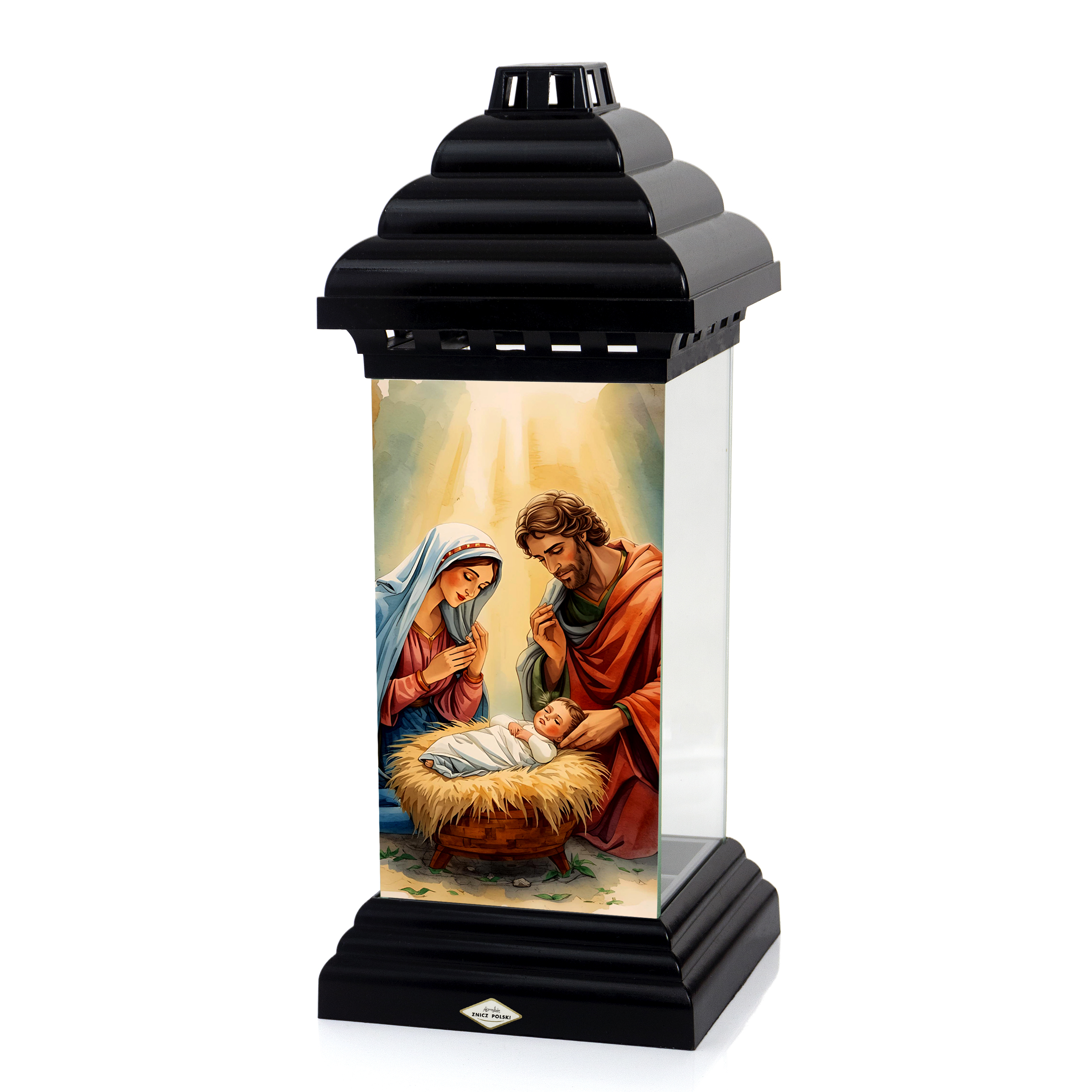 Znicz bożonarodzeniowy z ilustacją szopki - Pan Jezus, Maryja i Józef