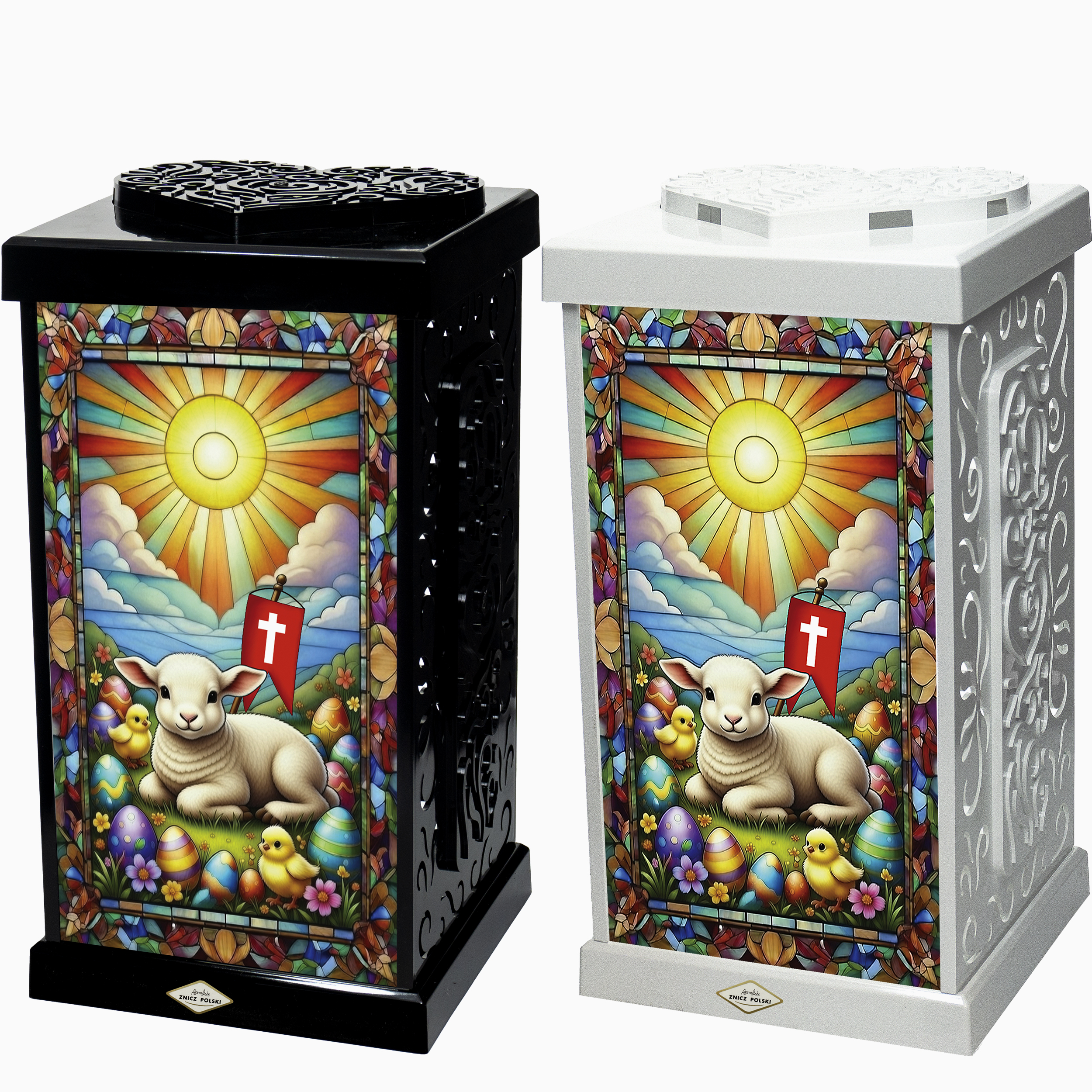 Wielkanocny duży znicz z symbolem baranka z chorągwią w stylu witrażowym