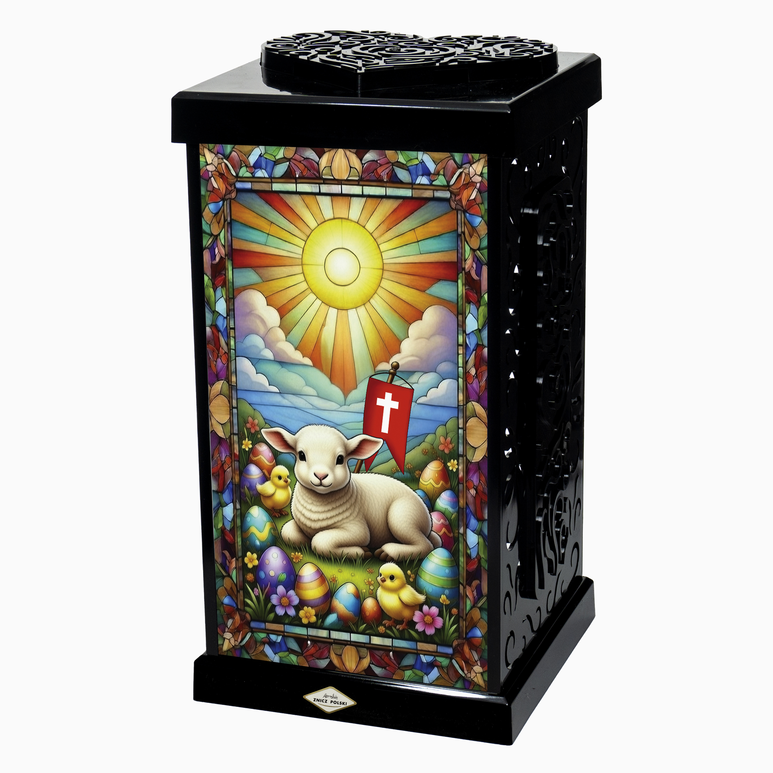 Wielkanocny duży znicz z symbolem baranka z chorągwią w stylu witrażowym