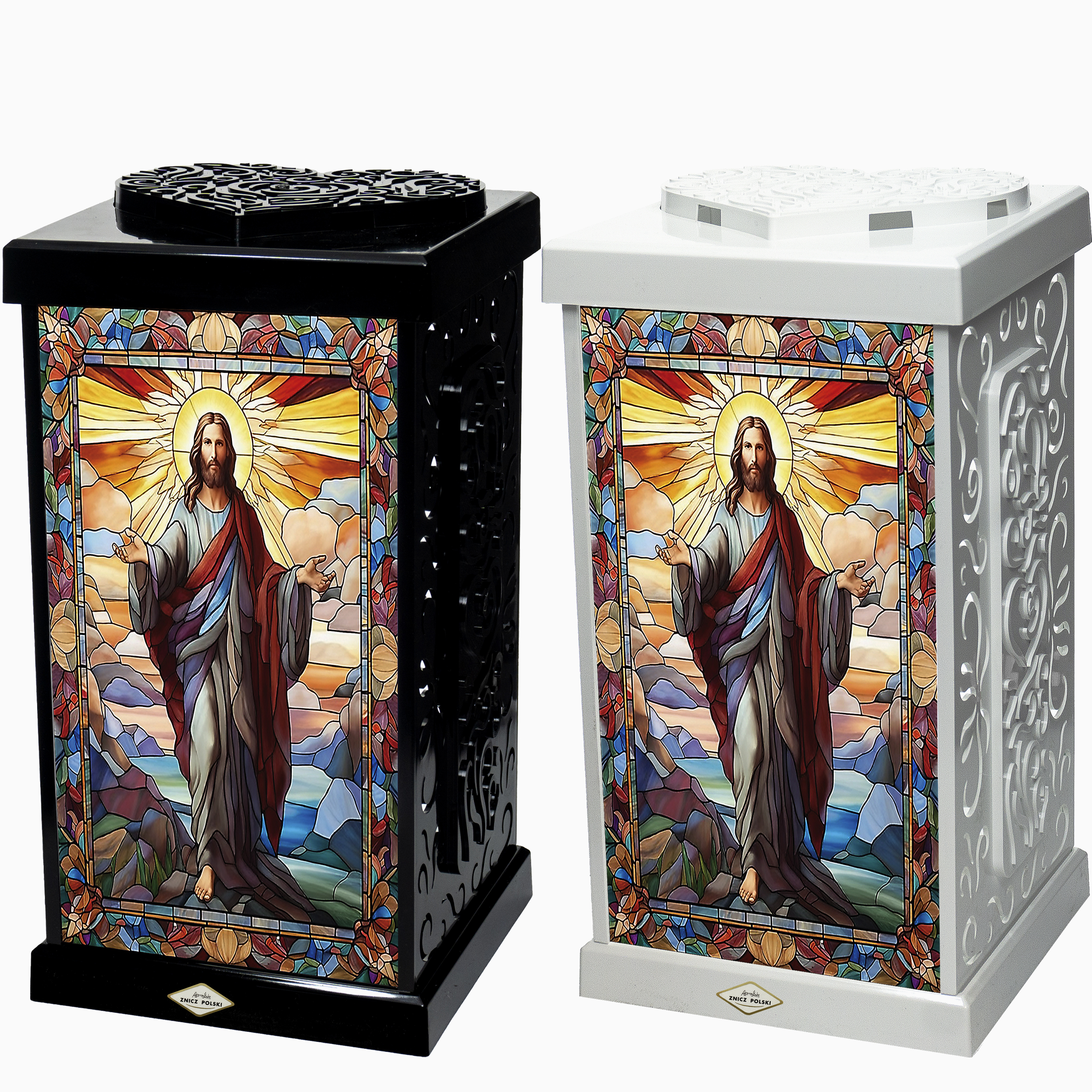 Znicz wielkanocny w stylu witrażu ze zmartwychwstałym Jezusem