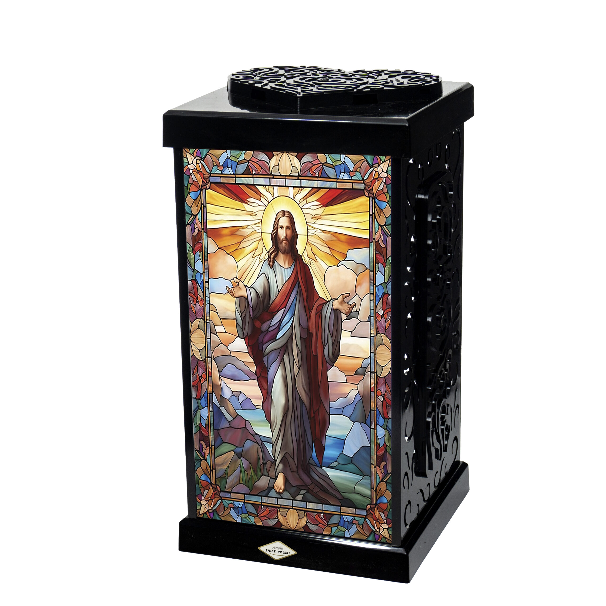 Znicz wielkanocny w stylu witrażu ze zmartwychwstałym Jezusem