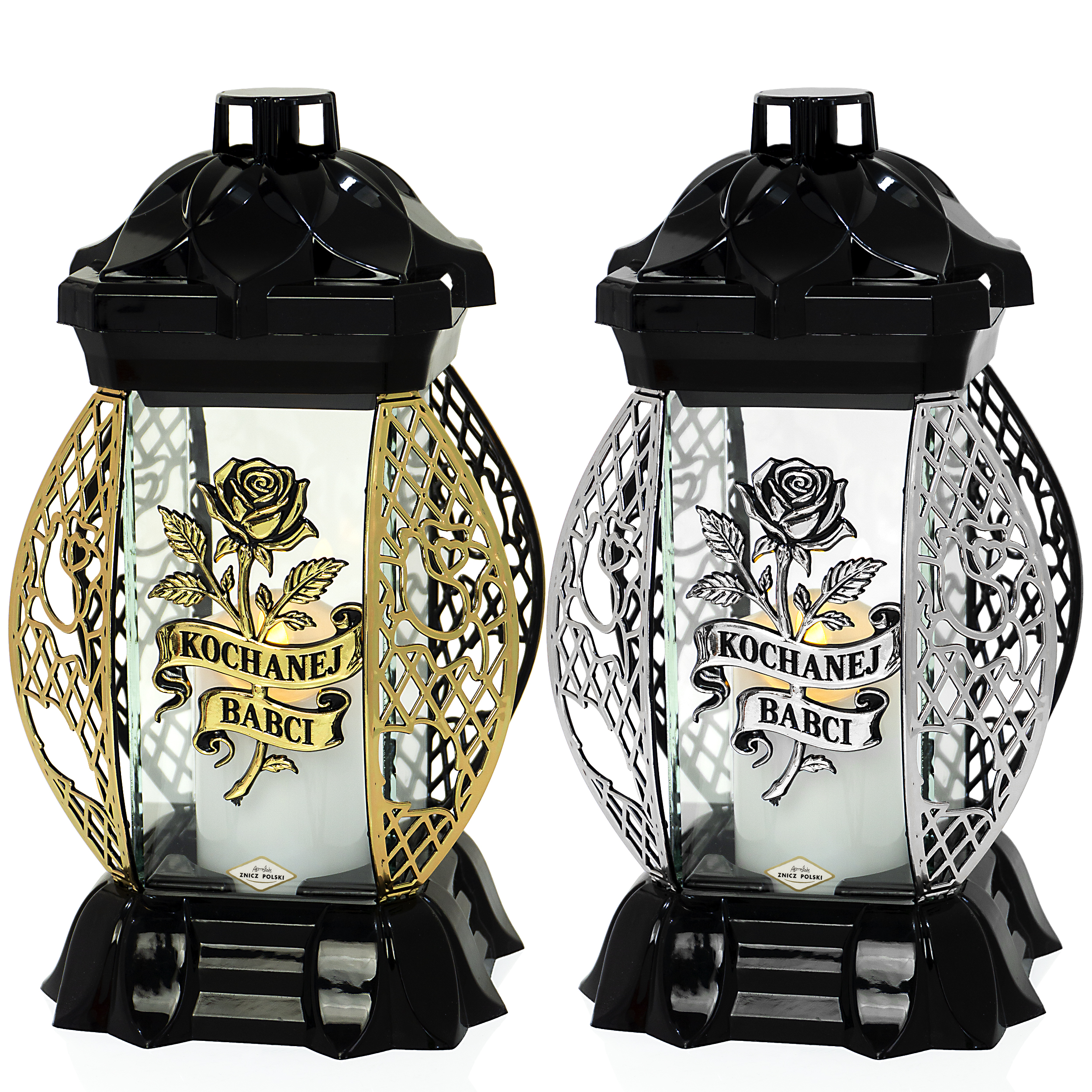 Znicz szklany ażur róża Kochanej Babci srebrny lub złoty + WKŁAD GRATIS