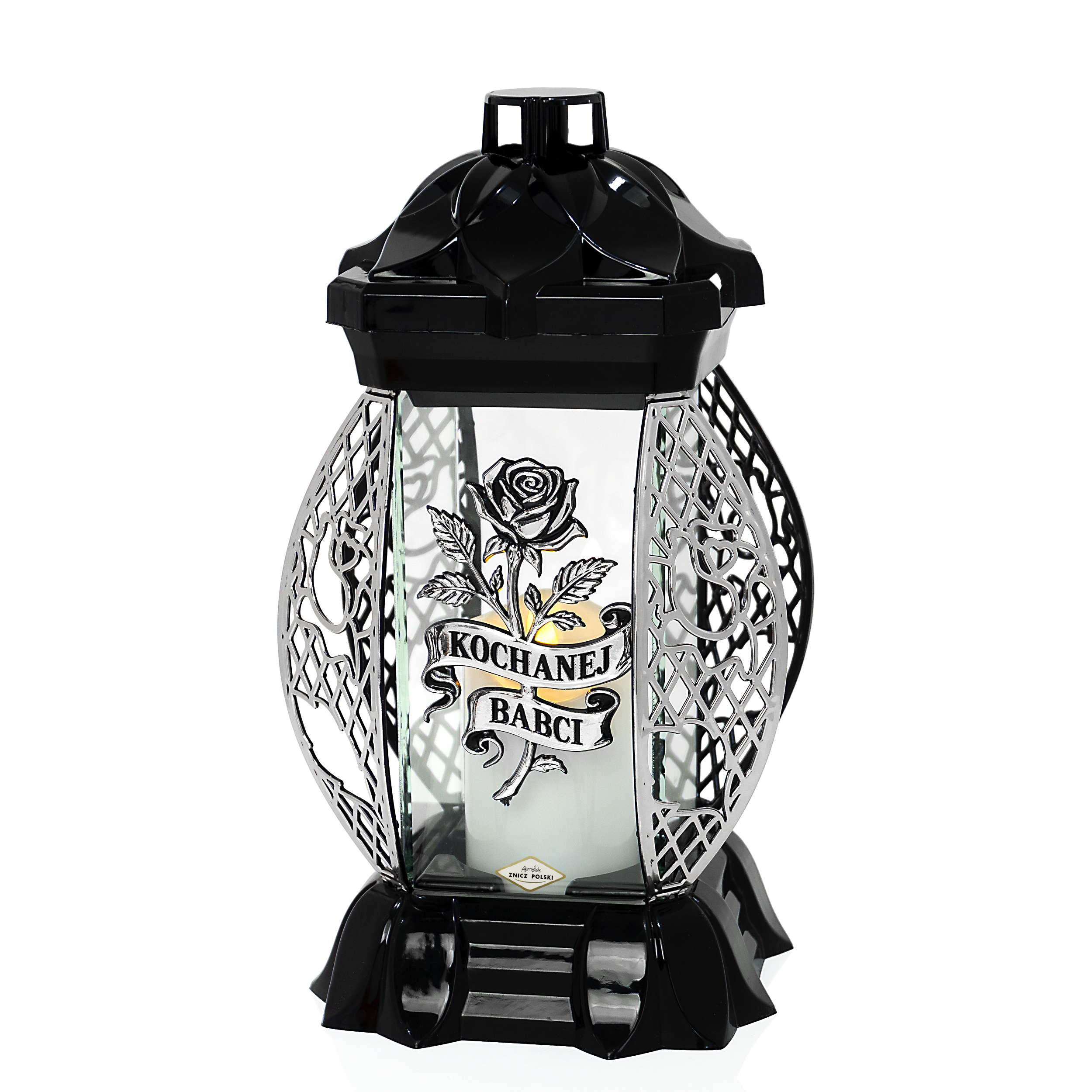 Znicz szklany ażur róża Kochanej Babci srebrny lub złoty + WKŁAD GRATIS