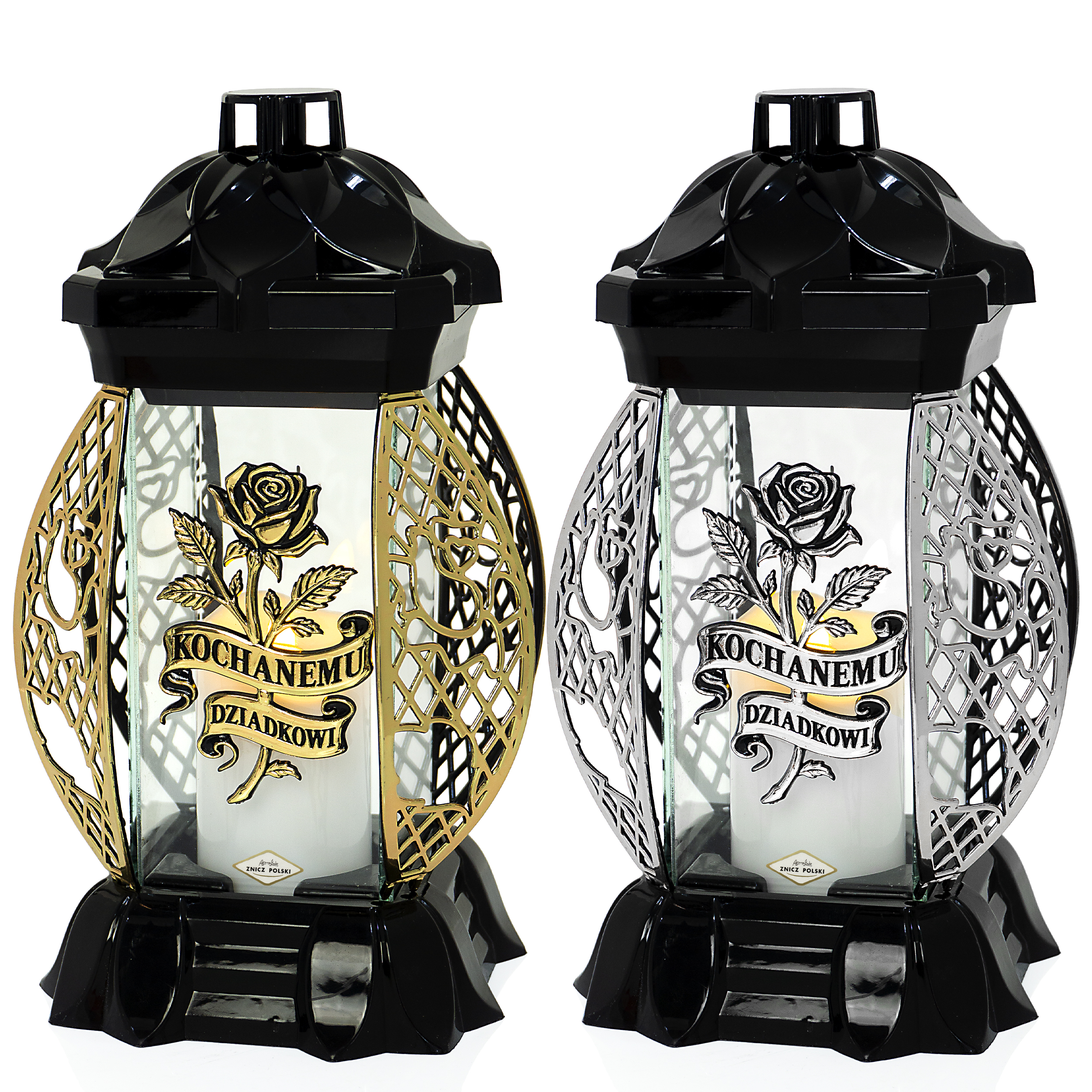 Znicz szklany ażur róża Kochanemu Dziadkowi srebrny lub złoty + WKŁAD GRATIS