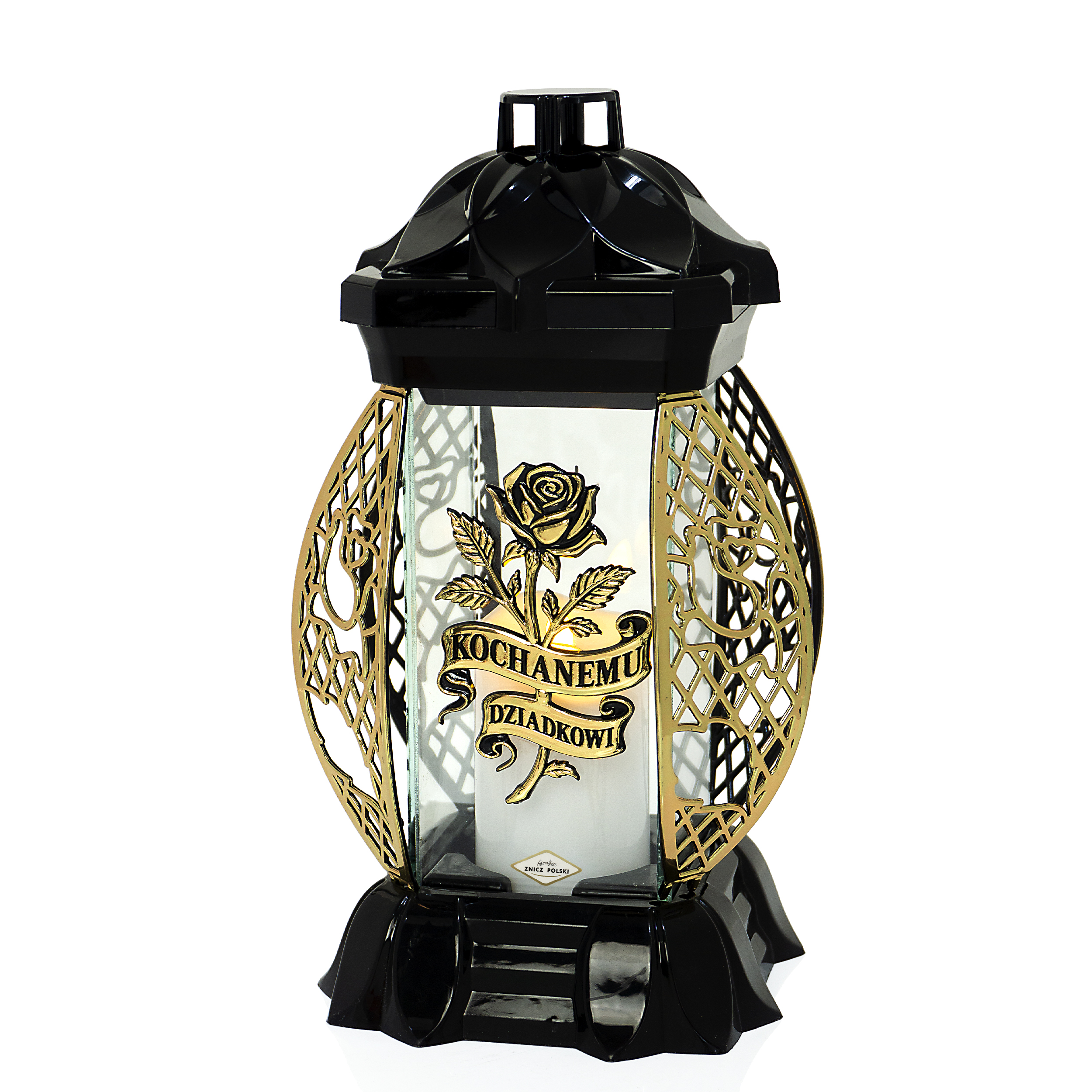 Znicz szklany ażur róża Kochanemu Dziadkowi srebrny lub złoty + WKŁAD GRATIS